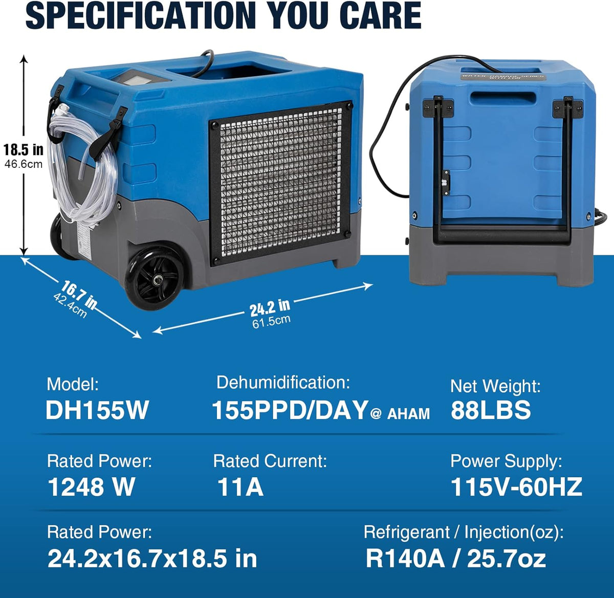 Mounto MOUNTO 268Pints LGR Commercial Compact Dehumidifier with Pump and Drain Hose, LGR Portable Dehumidifier with wheels for Home, Basements, Garages, and Job Sites (Blue)