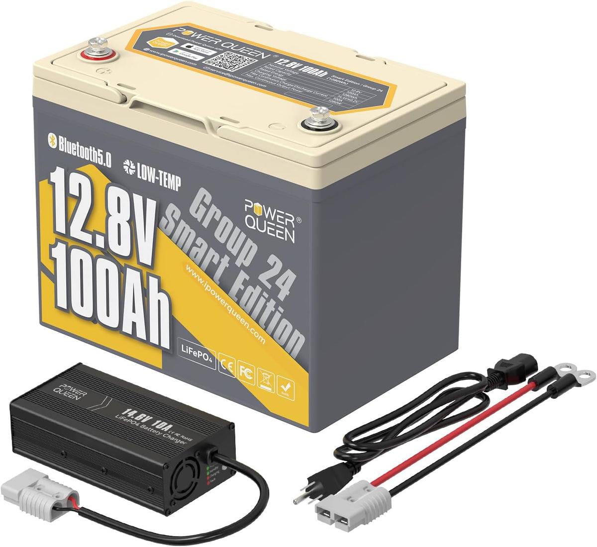 Power Queen Bluetooth 12V 100Ah LiFePO4 Battery with 14.6V10A LiFePO4 Battery Charger, Group 24 Deep Cycle Battery, 100A BMS with Low-Temp Cut-Off Protection for RV, Trolling Motors, Solar System