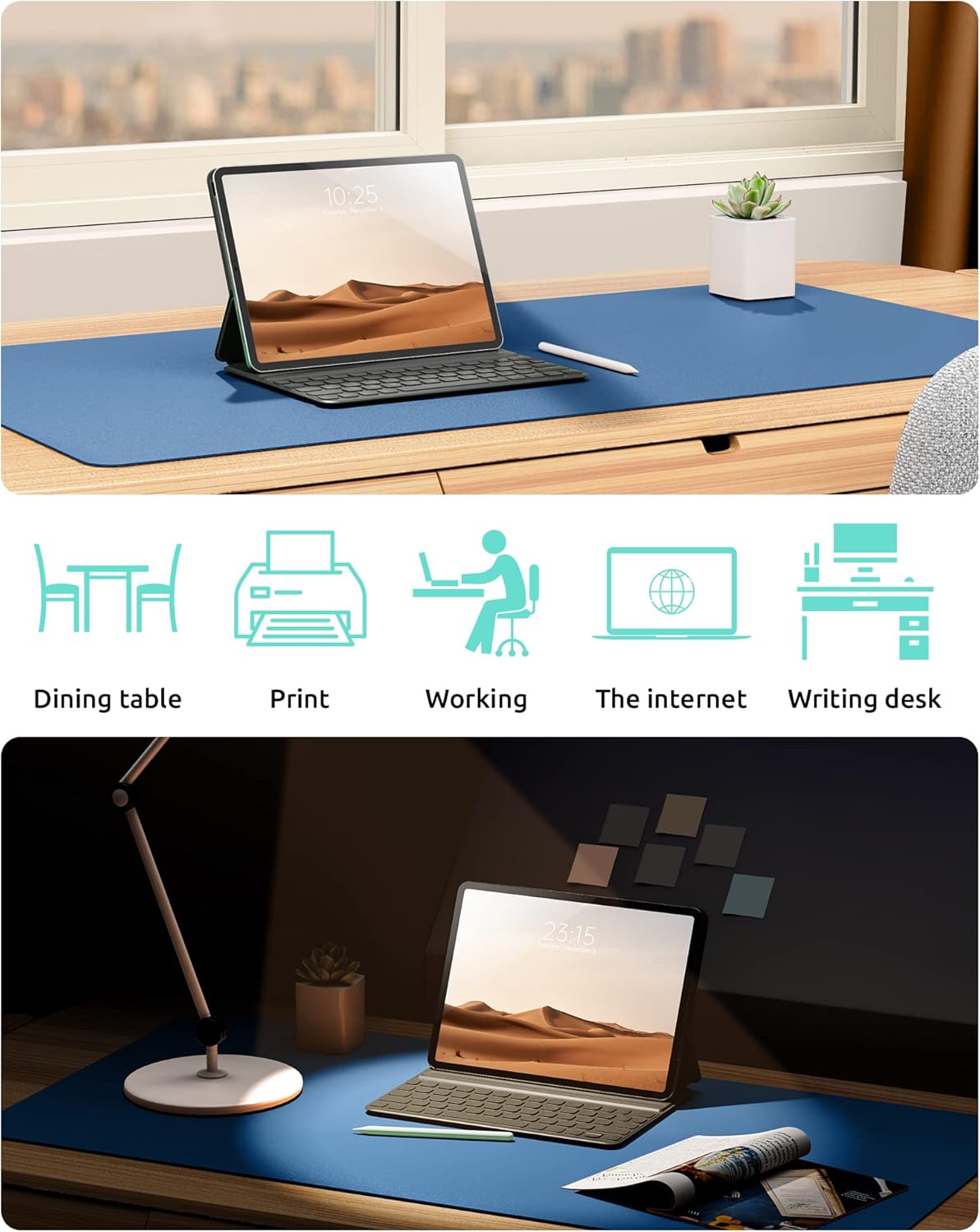 YSAGi Leather Desk Protector, Office Mat, Large Mouse Mat, Non-Slip PU Leather Blotter, Laptop Desk Pad, Waterproof Writing Pad for Office and Home (Sea Blue, 31.5" x 15.8")
