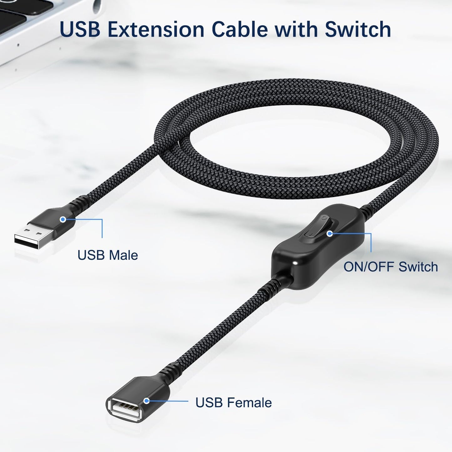Itramax USB On Off Switch Cable 3.3FT,Inline USB Power Switch USBA Male to Female Extension Cord with Switch Upgraded Toggle Cable for PC,TV,Carplay,LED Strip,Desk Lamp,Fan,Light