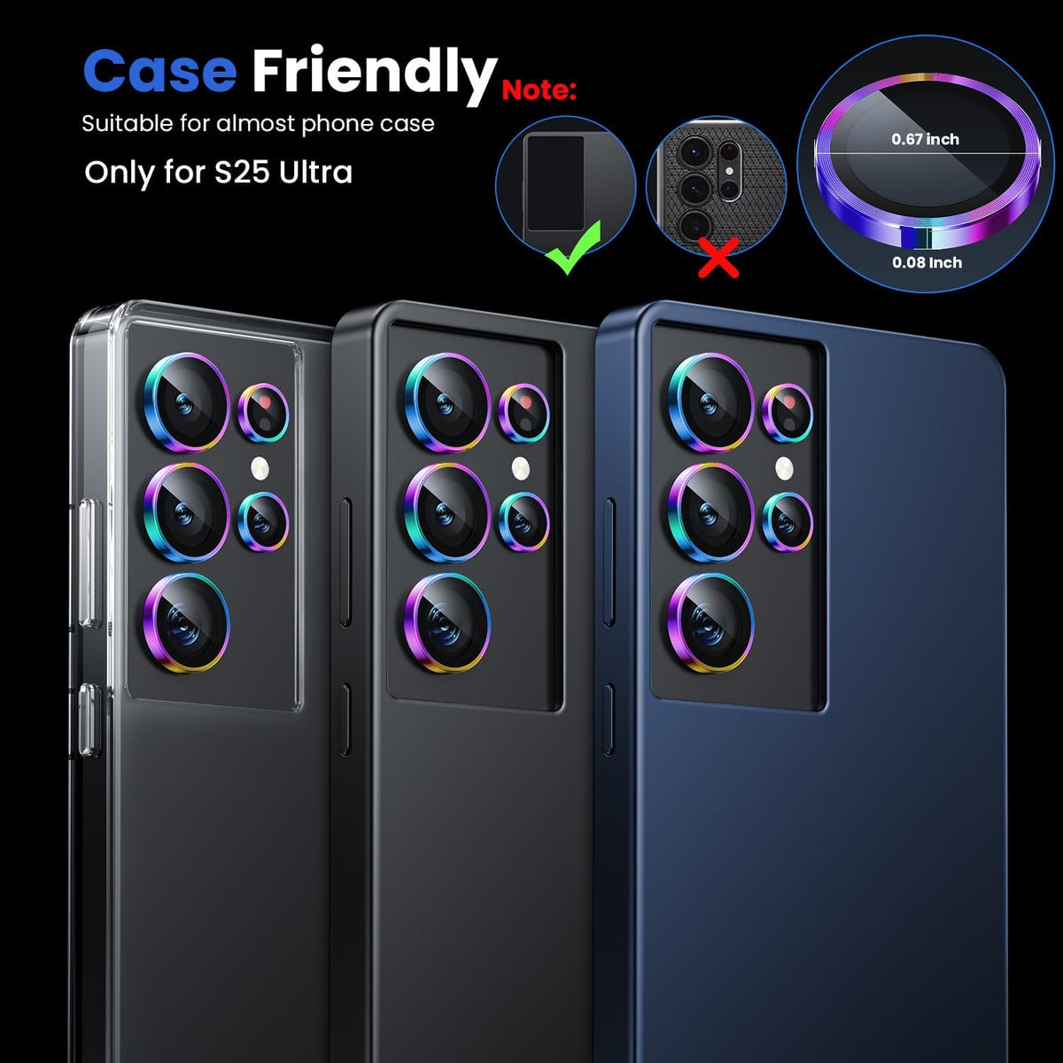 WSKEN for Samsung Galaxy S25 Ultra Camera Lens Protector - Ultra Thin Case Friendly, 9H Shatterproof Tempered Glass with Aluminum Metal Circle Camera Screen Protector Cover Accessories, Colorful