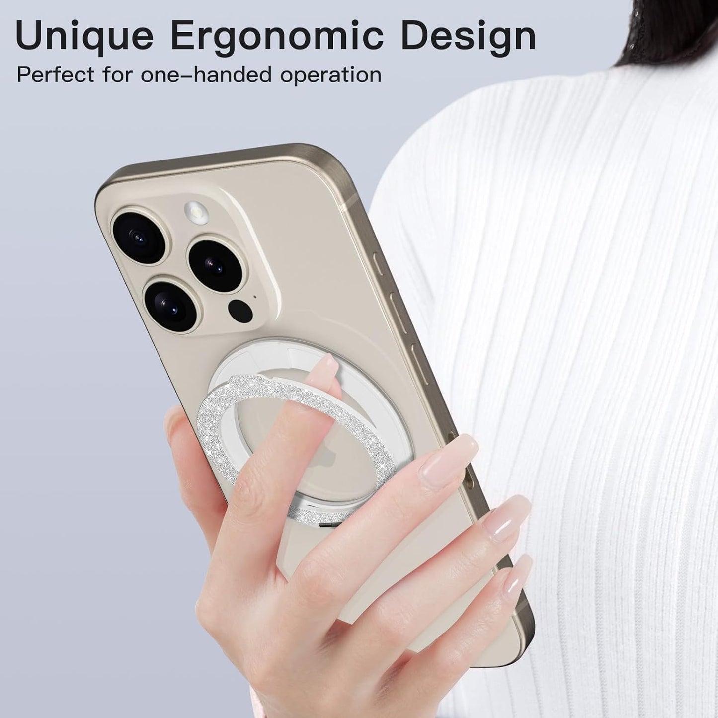 COOLQO 1Pc 360 Spin Cell Grip Ring Phone Stand [Upgrade Gear Hinge Stress Relief] Magnetic Holders for Your car Accessories Desk Mount Compatible with iPhone All Smartphone, Glitter Silver