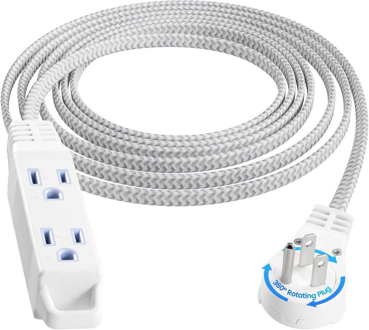 SURAIELEC 10FT 360° Rotating Flat Plug Extension Cord Flat Wall Plug with 3 Outlets, Braided Flat White Extension Cord for Indoor Use, Home, Office, 16/3C SPT, ETL Listed