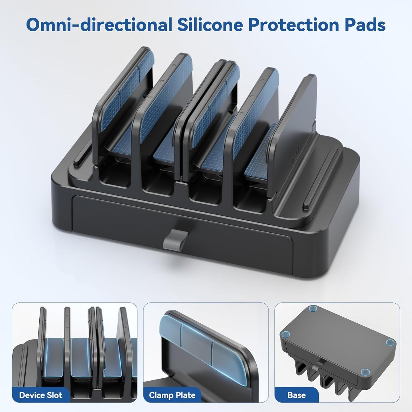 KDD Vertical Laptop Stand with Drawer - 7-in-1 Space-Saving Laptop Holder with Gravity Locking Fits MacBook, Dell, HP, Chromebook, Surface Pro, Tablet, Cell Phone, Switch, Keyboard Desktop Organizer