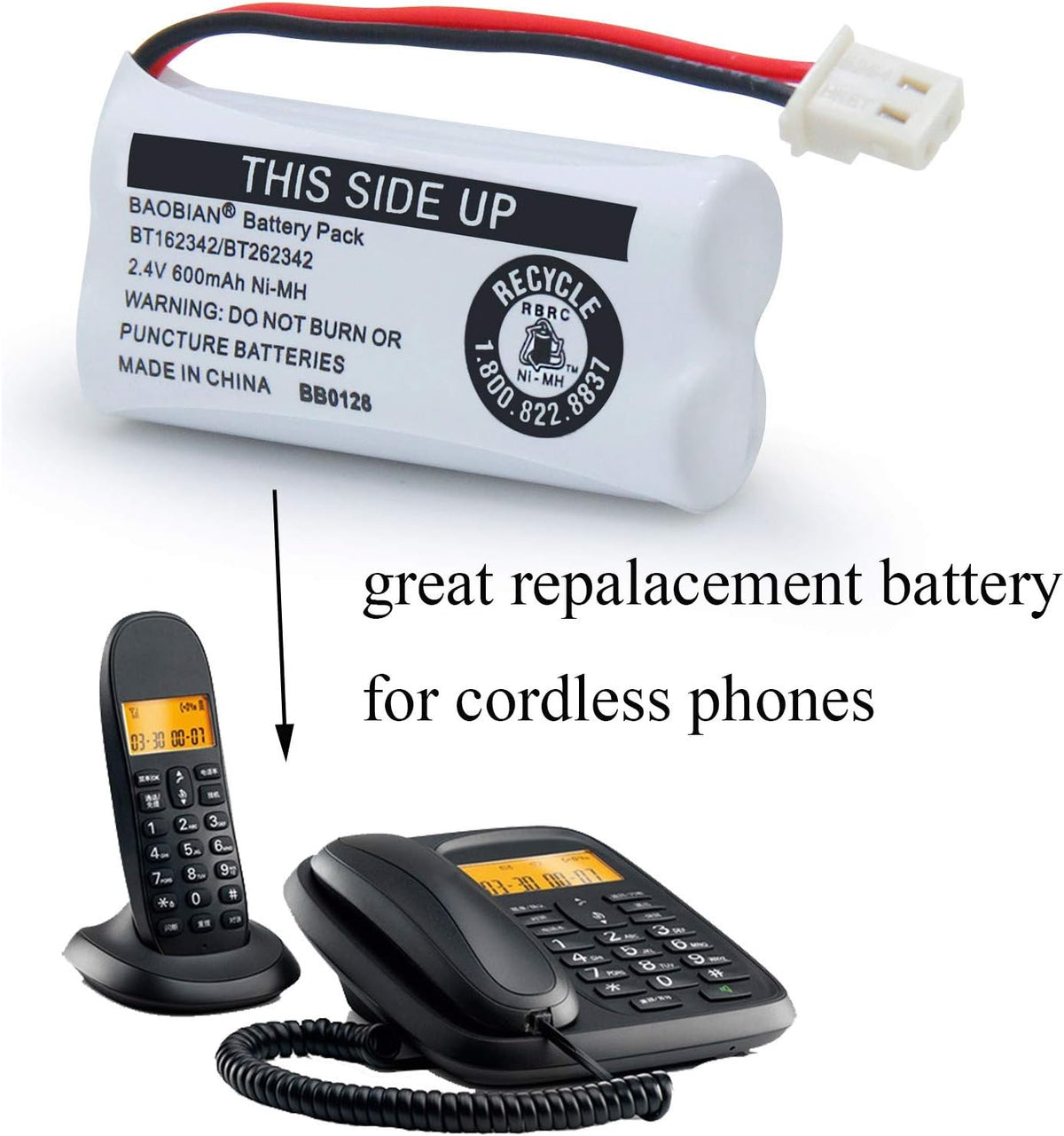 2.4V Ni-MH BT162342 BT262342 Battery for BT183342 BT283342 BT166342 BT266342 VTech CS6114 CS6419 CS6719 AT&T EL52300 CL80111 Cordless Phone (2 Pack)