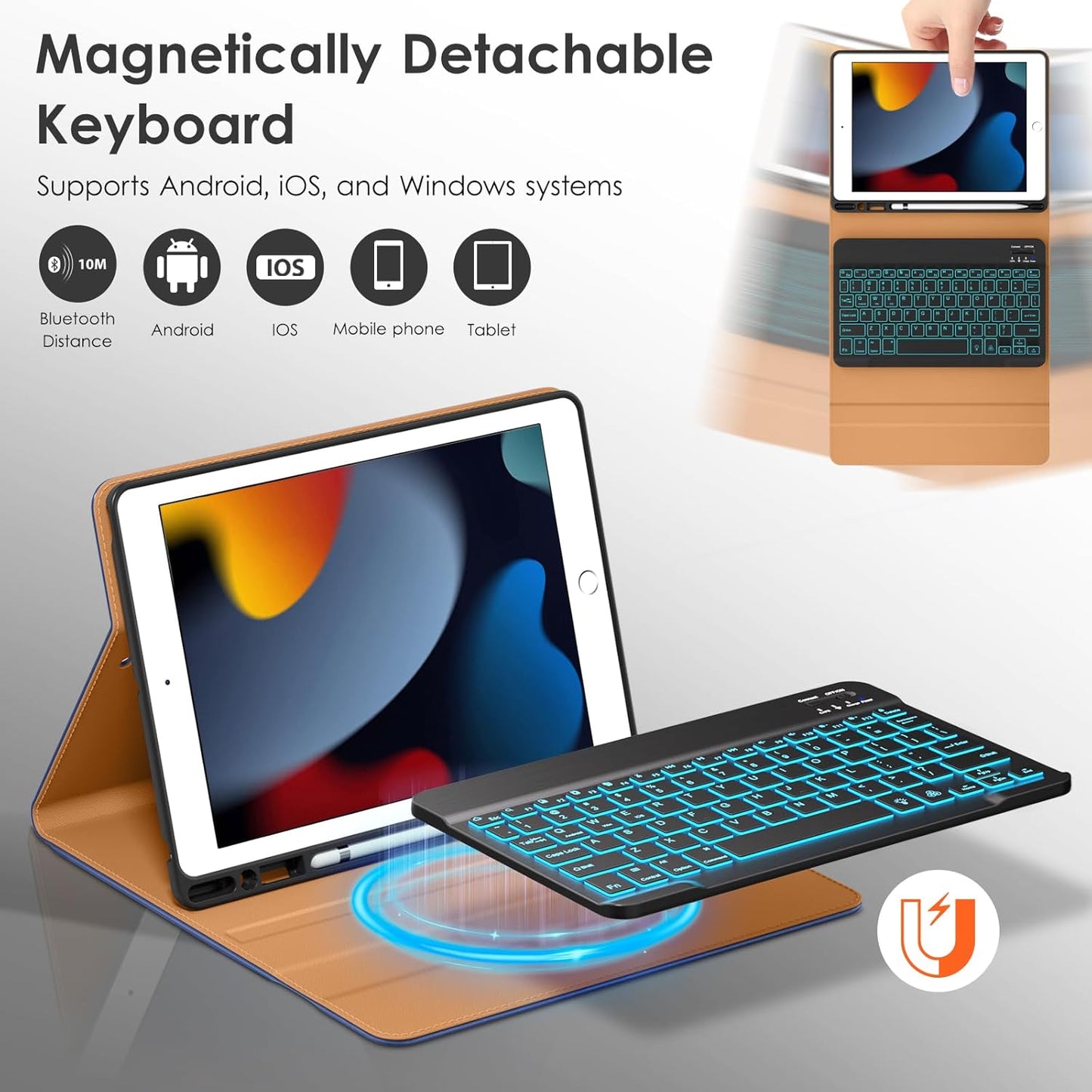 DTTO for iPad 9th/8th/7th Generation 10.2" Case 2021/2020/2019 with Keyboard, 7 Colors Backlit Wireless Detachable Keyboard Premium Leather Folio Cover with Pencil Holder & Pocket, Navy Blue