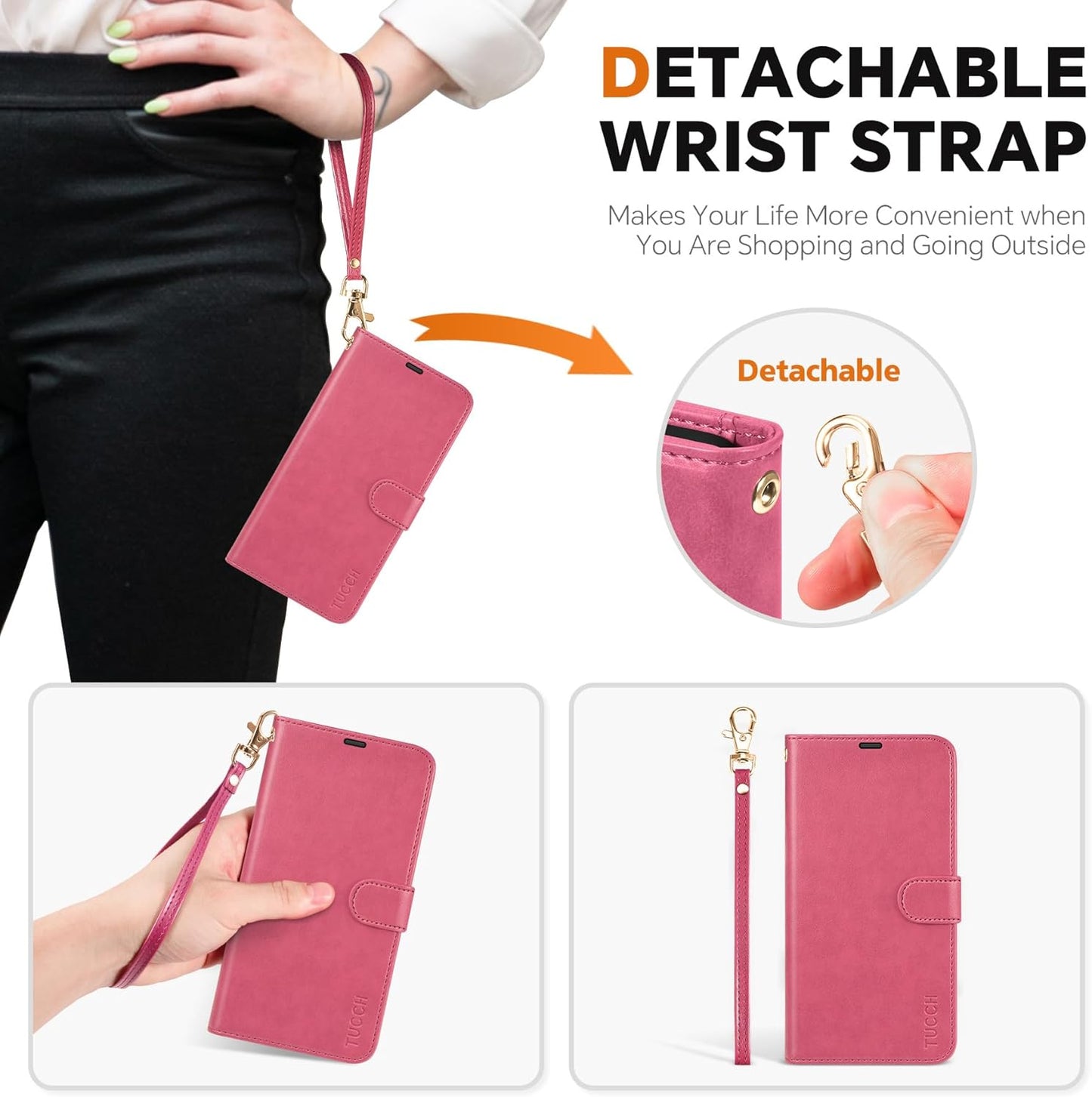 TUCCH Case for Galaxy S25 Ultra, [Detachable] 2 in1 Magnetic PU Leather Wallet Case Wrist Strap RFID Blocking [Wireless Charging] 4 Card Holder Stand Removable Cover for Galaxy S25 Ultra, Hot Pink