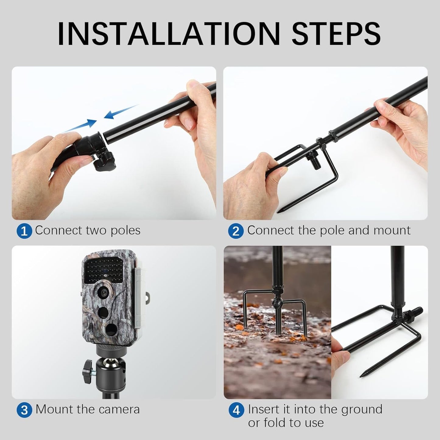 Trail Camera Mount,Height Adjustable (15.7"-28.3") & 360° Rotating Stake,Dual-Mode Base for Soft/Hard Ground Post,Game Cam Stand with 1/4"-20 Thread, Metal pole for Solar Panels,Hunting,Wildlife.2Pcs