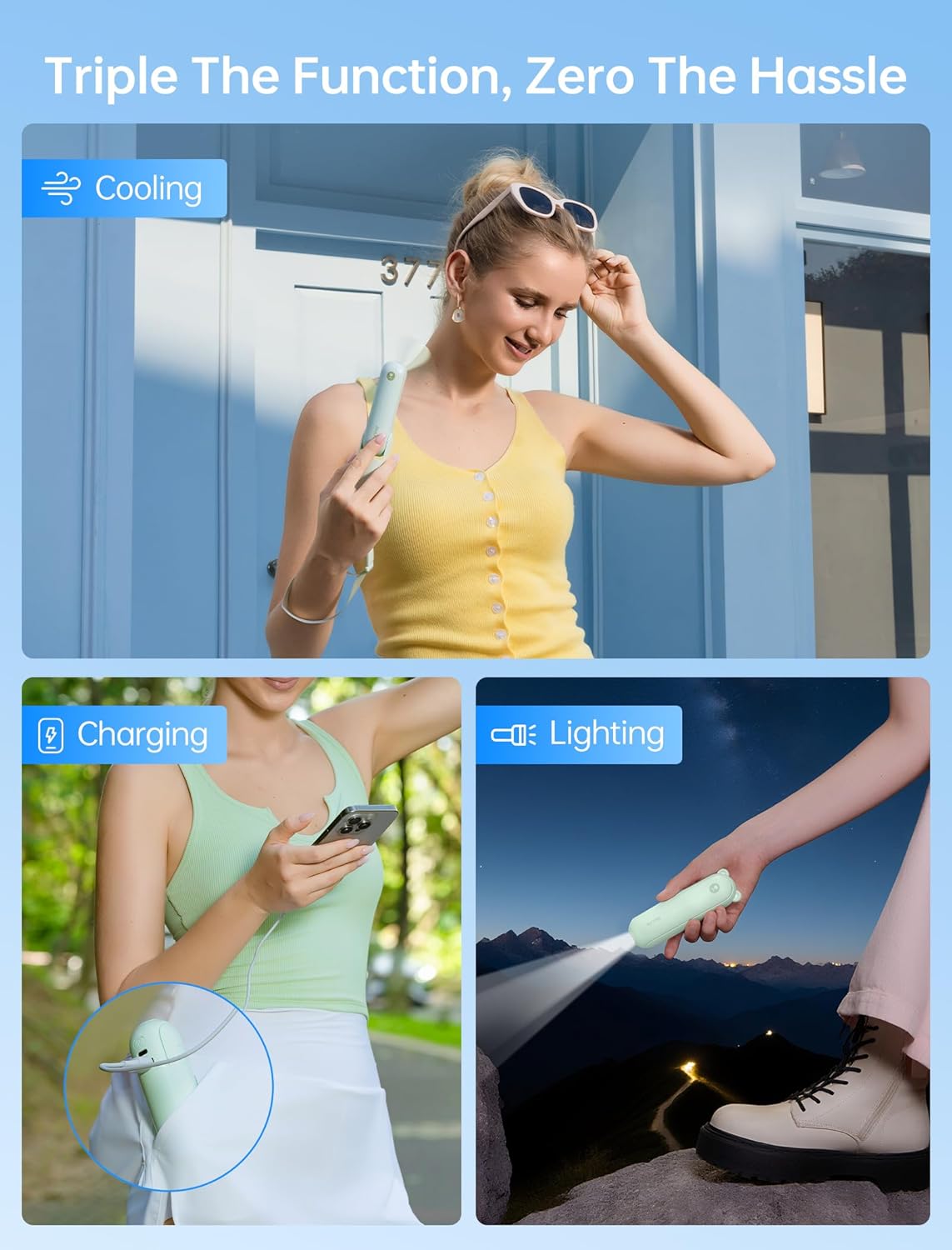 JISULIFE Handheld Mini Fan, 3 IN 1 USB Rechargeable Portable Fan [12-19 Working Hours] with Power Bank, Flashlight, Pocket Design for Travel/Summer/Concerts/Lash, Gifts for Women(Green)
