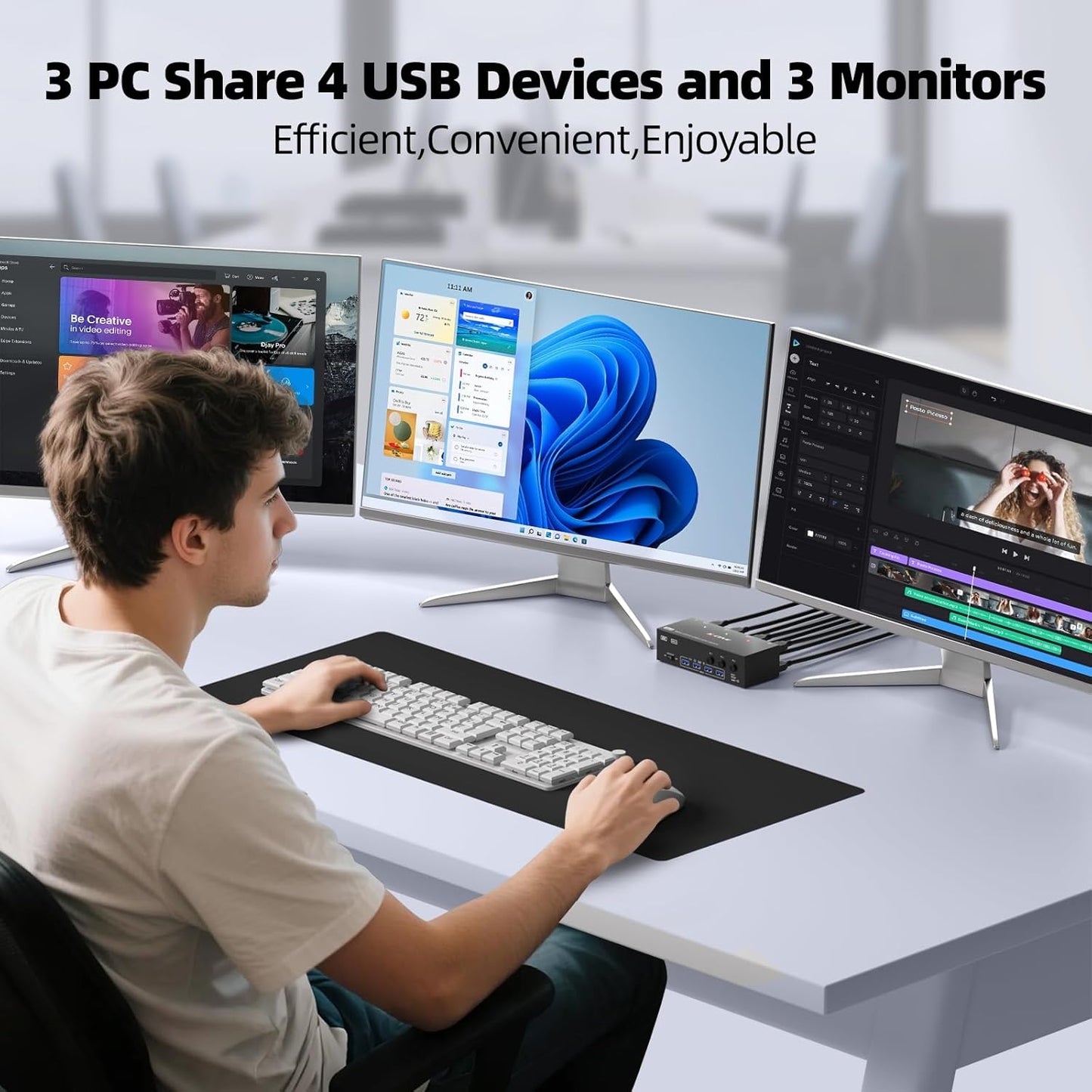 KVM Switch 3 Monitors 3 Computers 8K@60Hz 4K@144Hz, HDMI Dispalyport Triple Monitor KVM Switches with 4 USB3.0 Port for USB Devices, Support Extended/Mirror Mode, Wired Controller and USB3.0 Cables