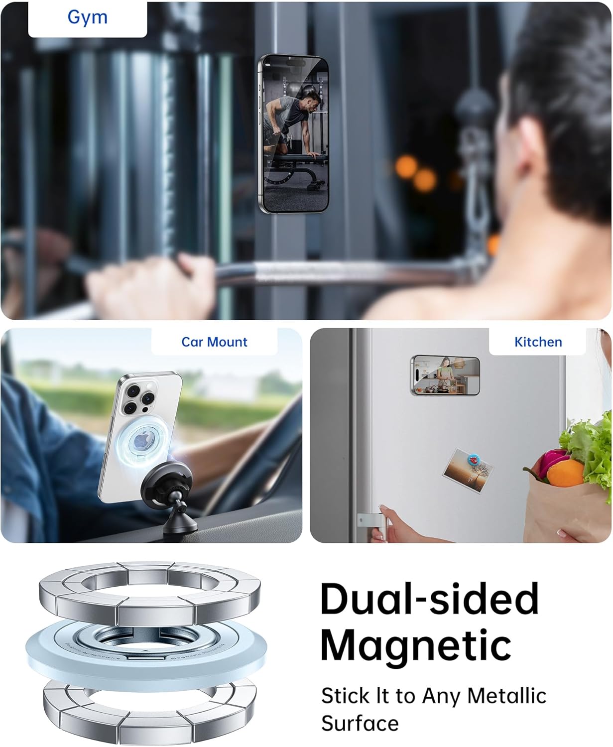 SYNCWIRE Magnetic Phone Ring Holder for MagSafe, 360° Rotation Dual Sided Magnet Grip Cell Phone Ring Stand Finger Kickstand Compatible with iPhone 16 15 14 13 12 Pro Max fits MagSafe - Blue