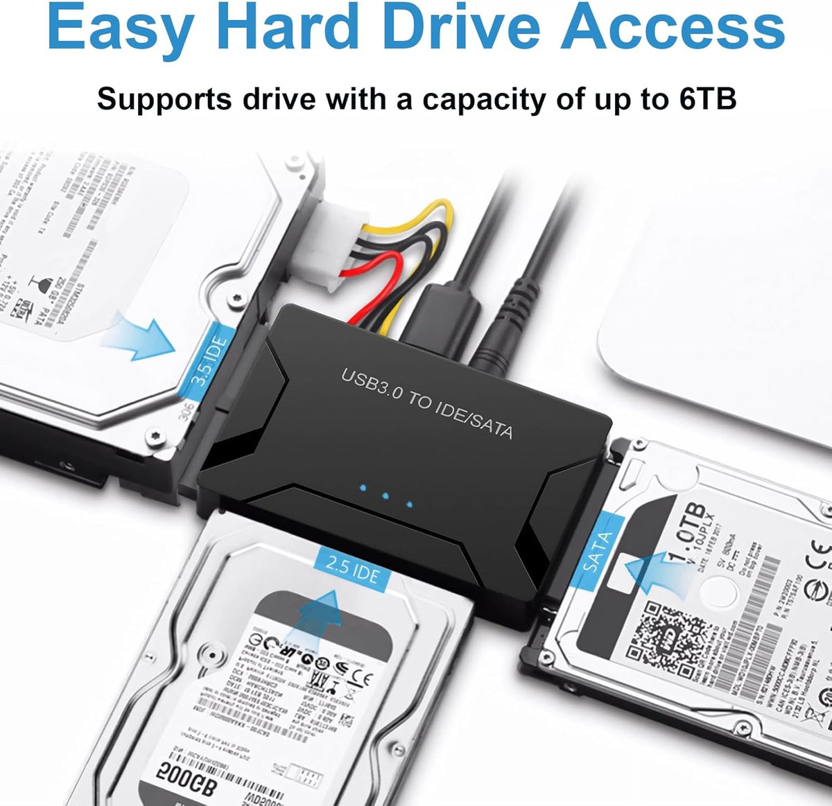 USB 3.0 to SATA IDE Adapter, Hard Drive Reader External Ultra Recovery Converter Compatible with 2.5" 3.5" HDD, SSD,5.25-inch DVD/CD-ROM Optical Drive Data Transfer with Power Supply