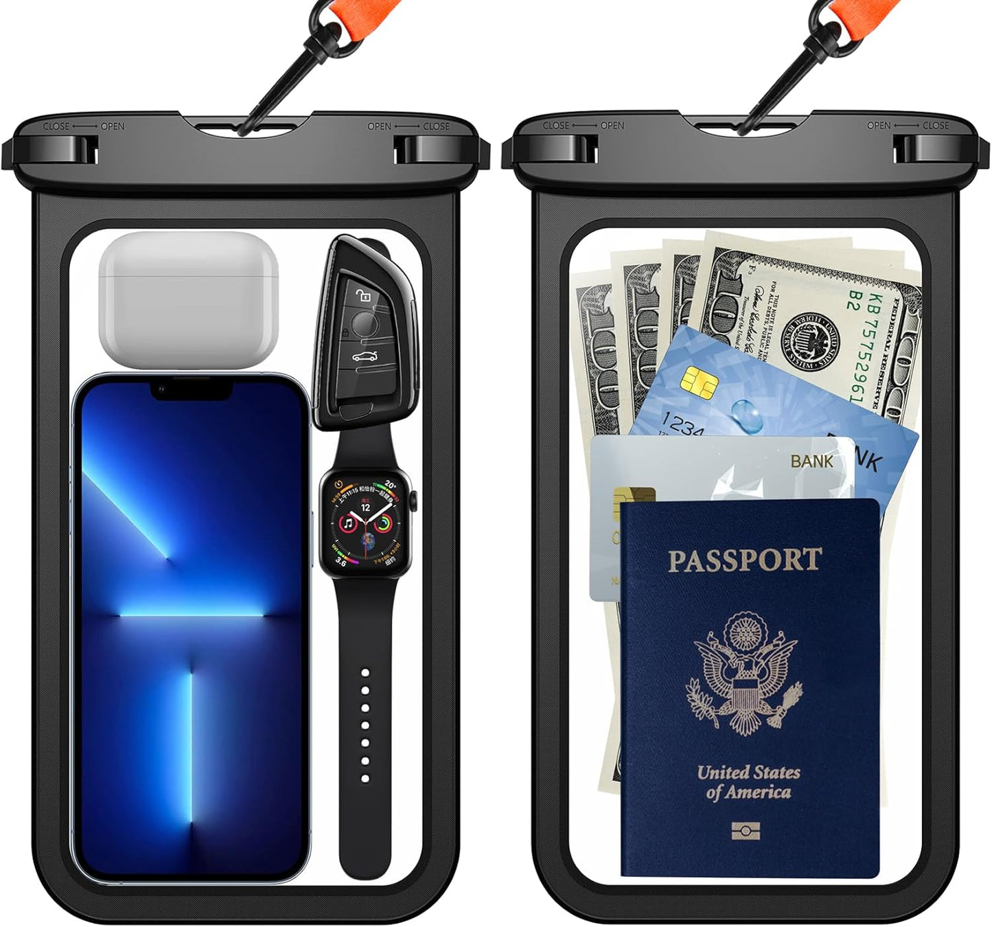 Temdan 2 Pcs Waterproof Phone Pouch, [Up to 10" Large] Universal IPX8 Waterproof Cell Phone Case Dry Bag with Lanyard for iPhone 16 Pro Max/16E/15/14/13,Galaxy S25 Ultra/S24/S23 for Vacation -Black