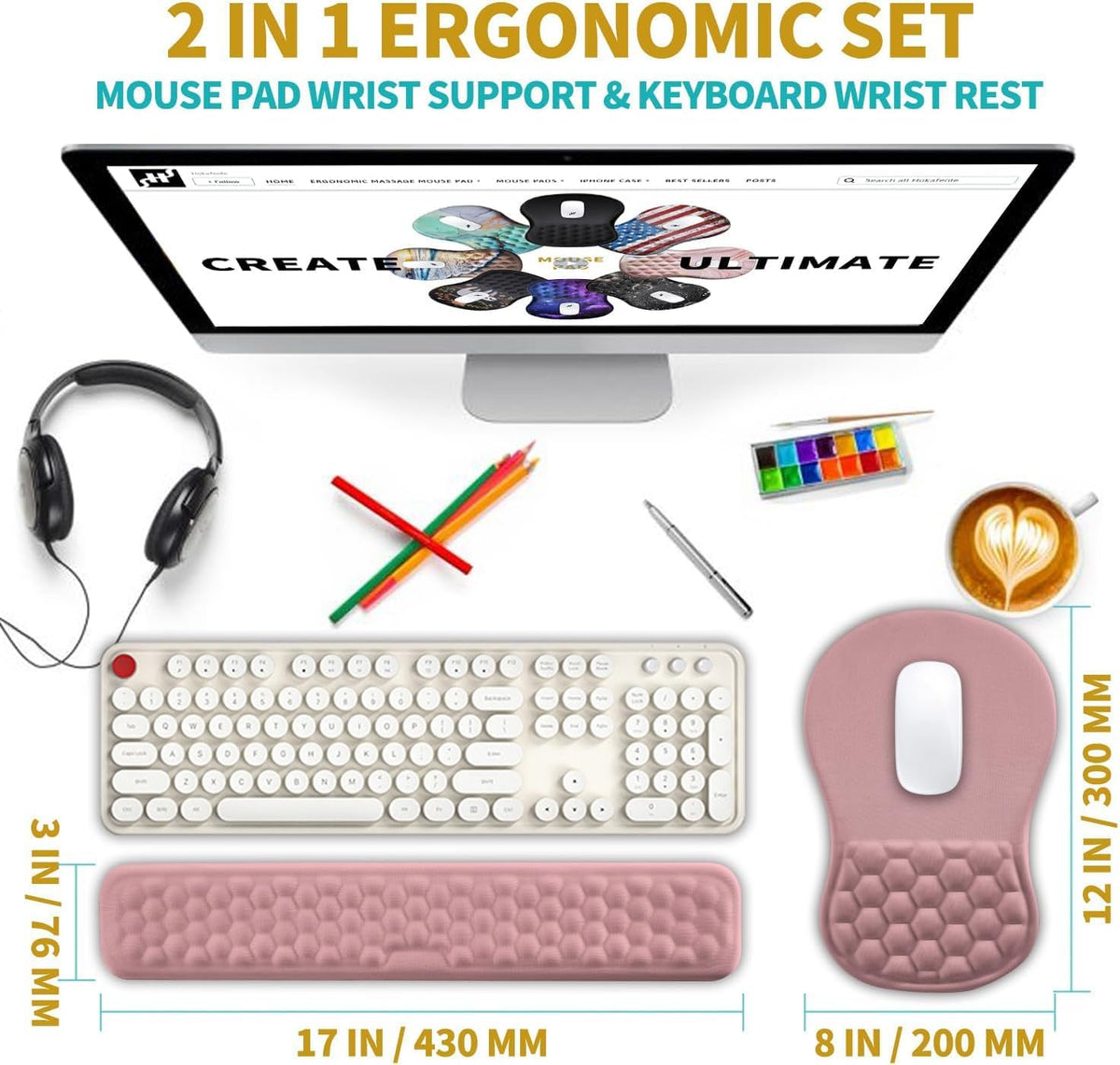 Hokafenle 2 in 1 Ergonomic Mouse Pad Wrist Support & Wrist Rest for Computer Keyboard Set, with Relieve Carpal Tunnel Pain Massage Bulge and Full Memory Gel Design (2In1 Set, Pink)