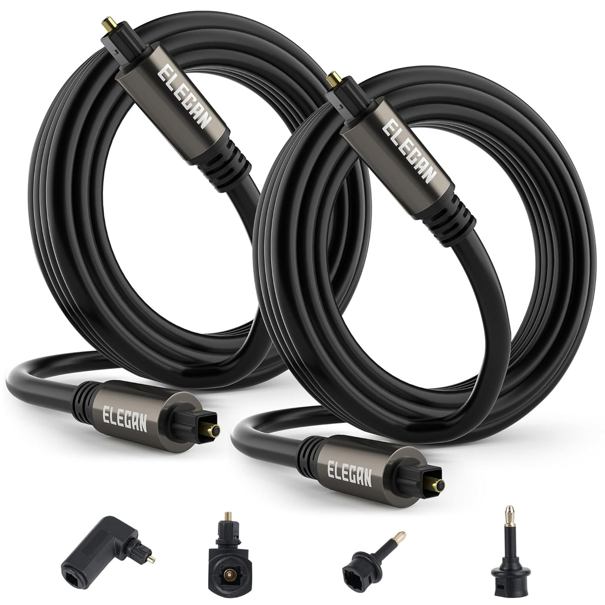Elecan Optical Audio Cable 12 Ft/2 Pack Digital Audio Toslink Cable Cord-Fiber Optic-Gold Plated-Flexiable&Durable-for Home Theater,Sound Bar,PS4& Xbox-with Right Angled+Mini Toslink Adapters+Ties