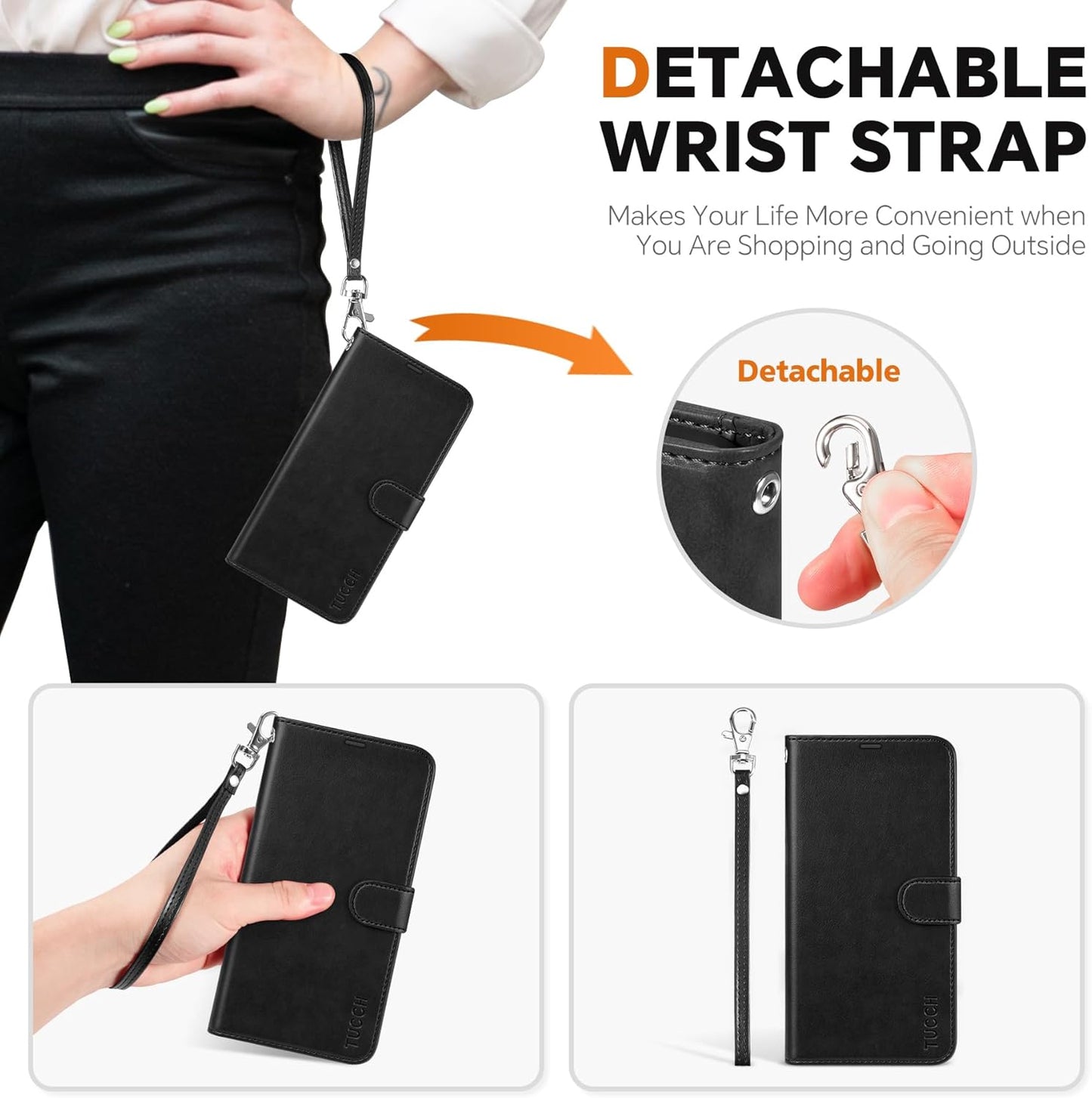 TUCCH Wallet Case for Galaxy S25 Plus, Removable RFID Blocking [4 Card Slots] Wrist Strap [Wireless Charging] Kickstand PU Leather Magnetic Detachable Protective Cover for Galaxy S25 Plus 6.7", Black