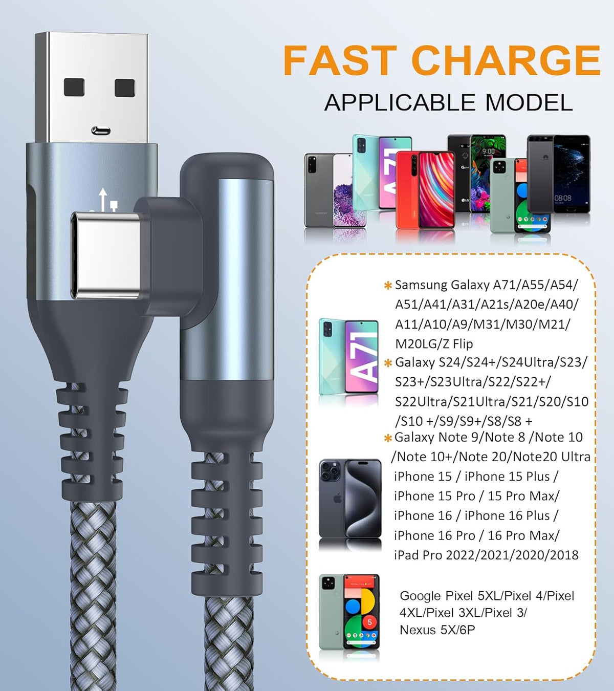 sweguard USB C Cable Right Angle [3Pack, 6.6FT+3.3FT+3.3FT], USB Type C iPhone 16 Charger Cable Nylon Braided Cord for iPhone 15 16 Pro Max Plus, Samsung Galaxy S25 S24 S23 S22 S21 S10 Note 20 10,Moto