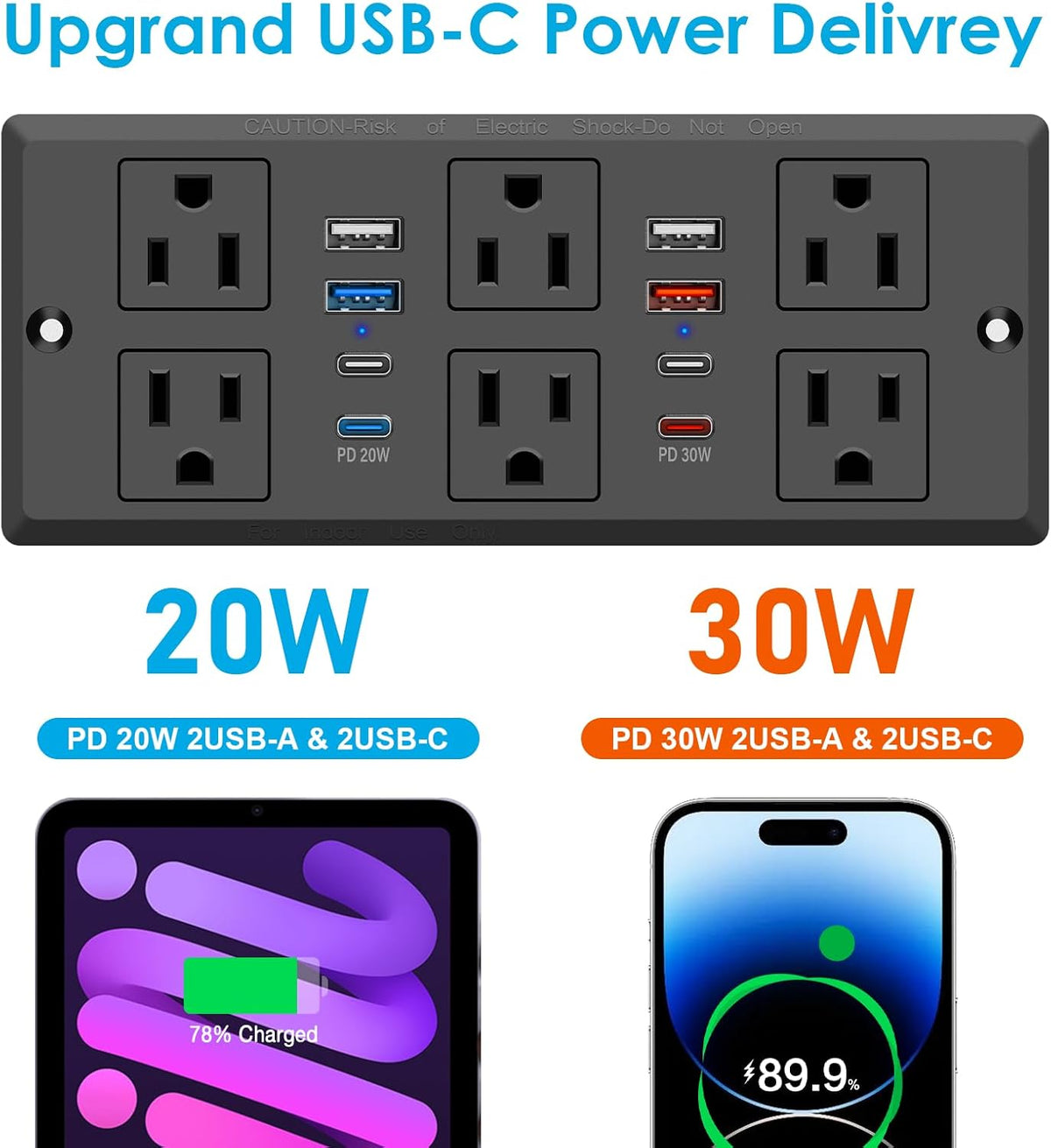 Recessed Power Strip with PD 30W Fast Charging, Conference Desk Flush Mount Outlets Plug in 6 Outlets & 8 USB Ports,3FT Cord Furniture Drawer Outlet Black