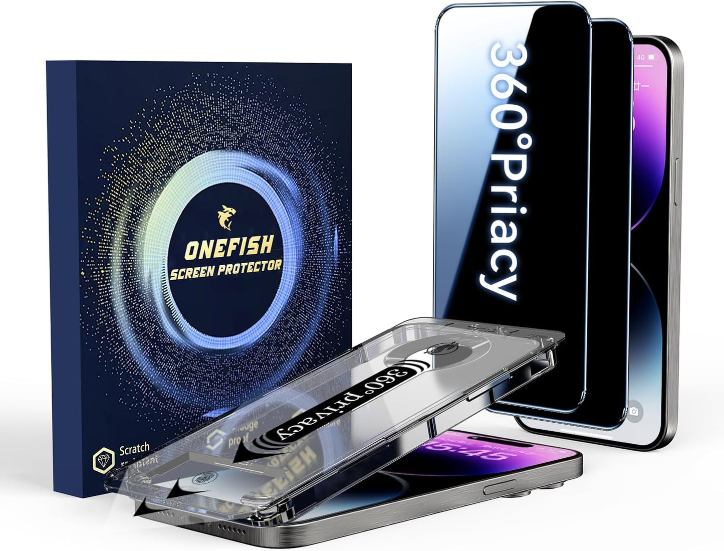 OneFish for iPhone 16 Pro Max Privacy Screen Protector, 4-Way 360° Anti-Spy Tempered Glass, 9H Hardness, HD Clear Anti-Fingerprint 3D Curved Edges, Case-Friendly & Easy Installation [2 Pack]