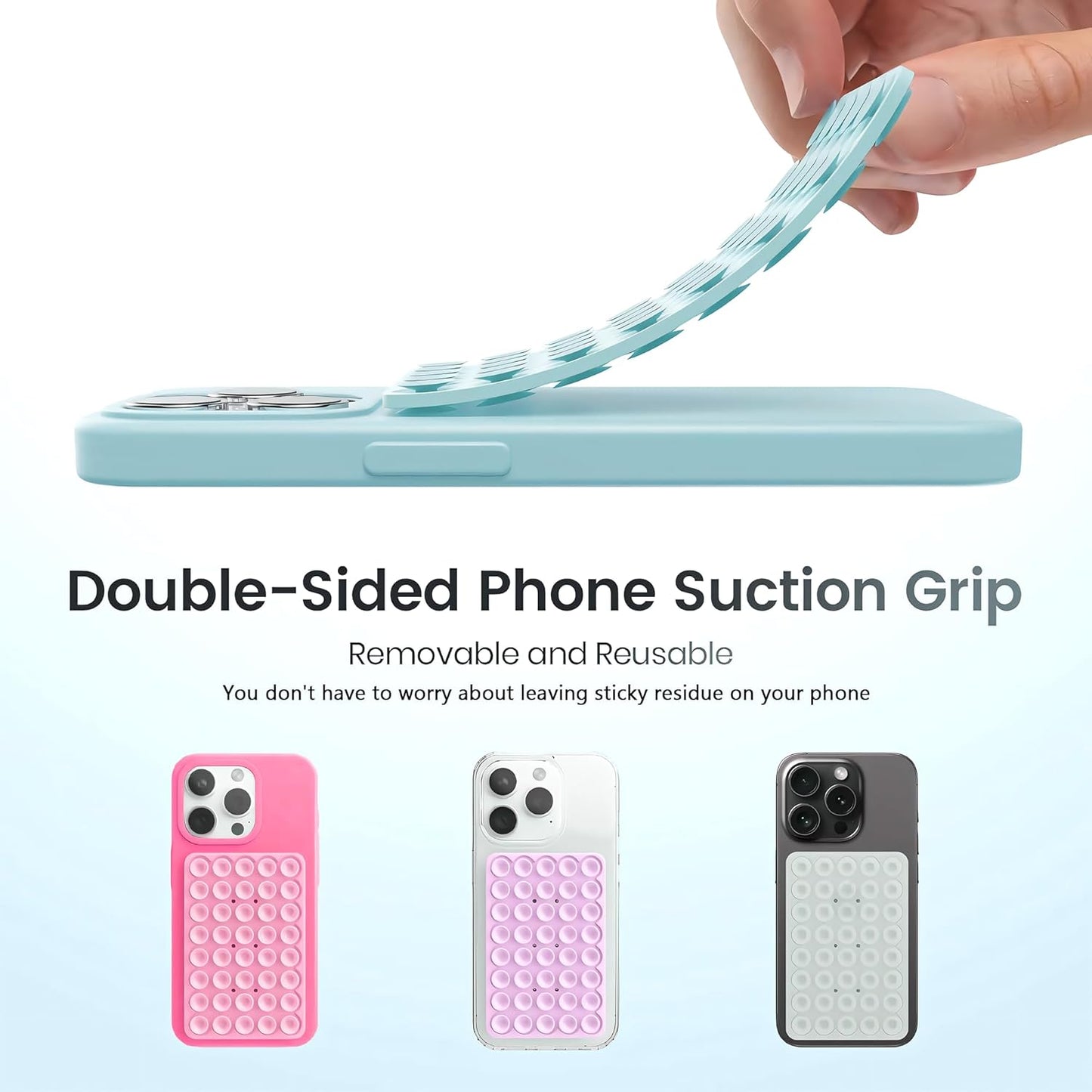 Silicone Double-Sided Suction Phone Grip Detachable Mount - Car Dashboard/Shower Phone Holder, Hands-Free For Selfies & Videos, TikTok - iphone & Android Compatible (3.74"x2.2", Baby Blue+Baby Pink)