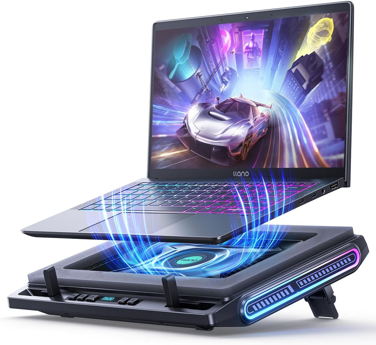 llano V10 Gaming Laptop Cooling Pad, RGB Laptop Cooler Stand with Powerful 4.72 Inch External Turbo Cooling Fan, Fast Cooling Computer 13-17.3in, Button Control, 3 Adjustable Stand, 4-Port USB C&A