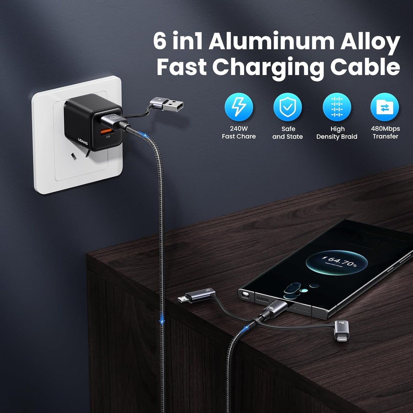 240W Multi Charging Cable, 6.6ft 6-in-1 USB C Cable Fast Charging Cords with USB-C/A Ports to IP/Type C/Micro Connectors for Pad/Cell Phones/Tablets/Laptop