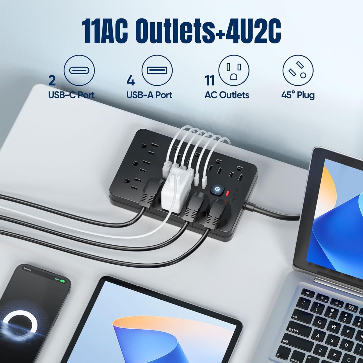 2PCS 5 FT Flat Plug Surge Protector Power Strip,11 Multiple AC Outlets with 6 USB Ports (2 USB C), 5 Feet Extension Cord, 1250W/10A, One Touch Switch Button, 17 in 1 Compact powerstrip