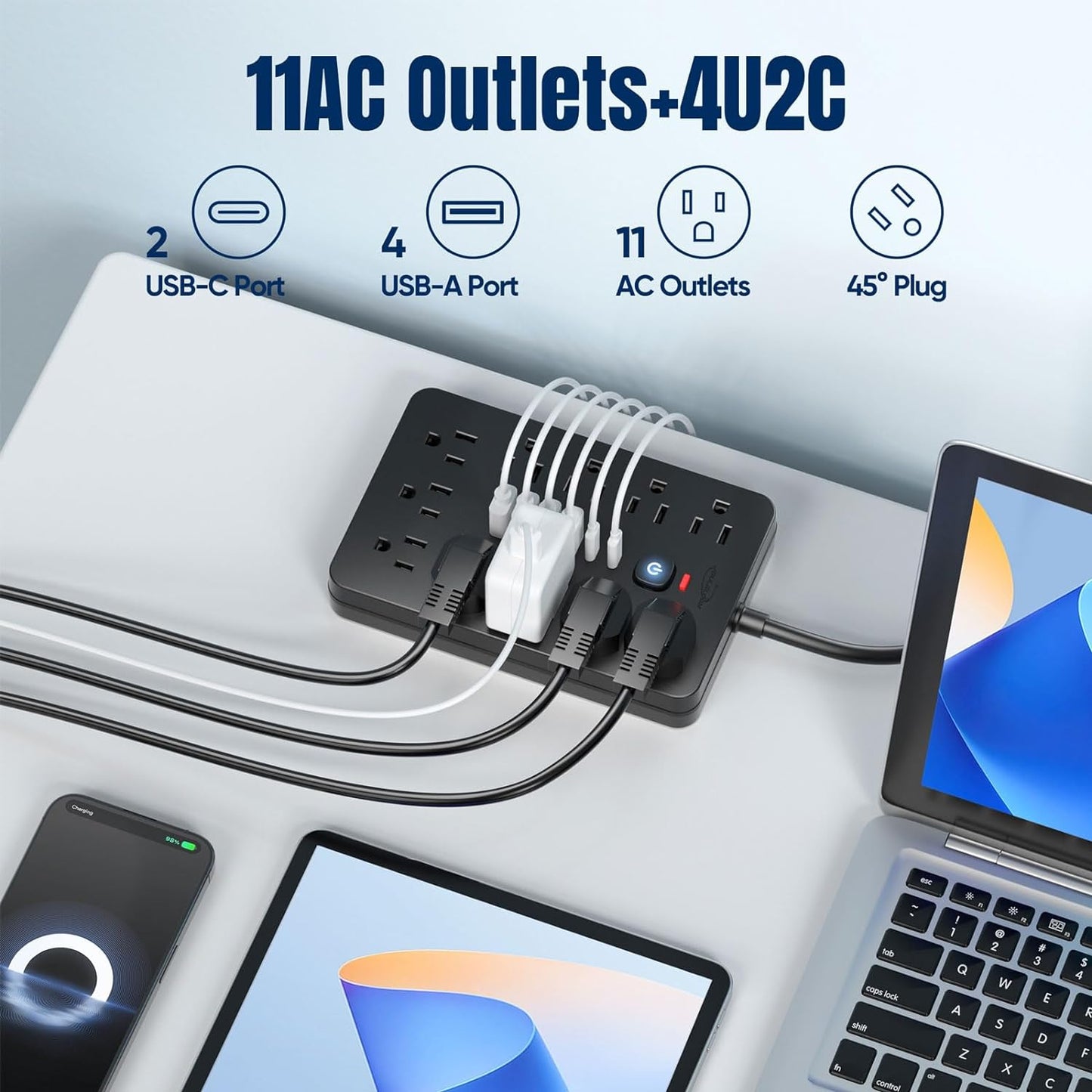 5 FT Flat Plug Surge Protector Power Strip,11 Multiple AC Outlets with 6 USB Ports (2 USB C), 5 Feet Extension Cord, 1250W/10A, One Touch Switch Button, 17 in 1 Compact powerstrip