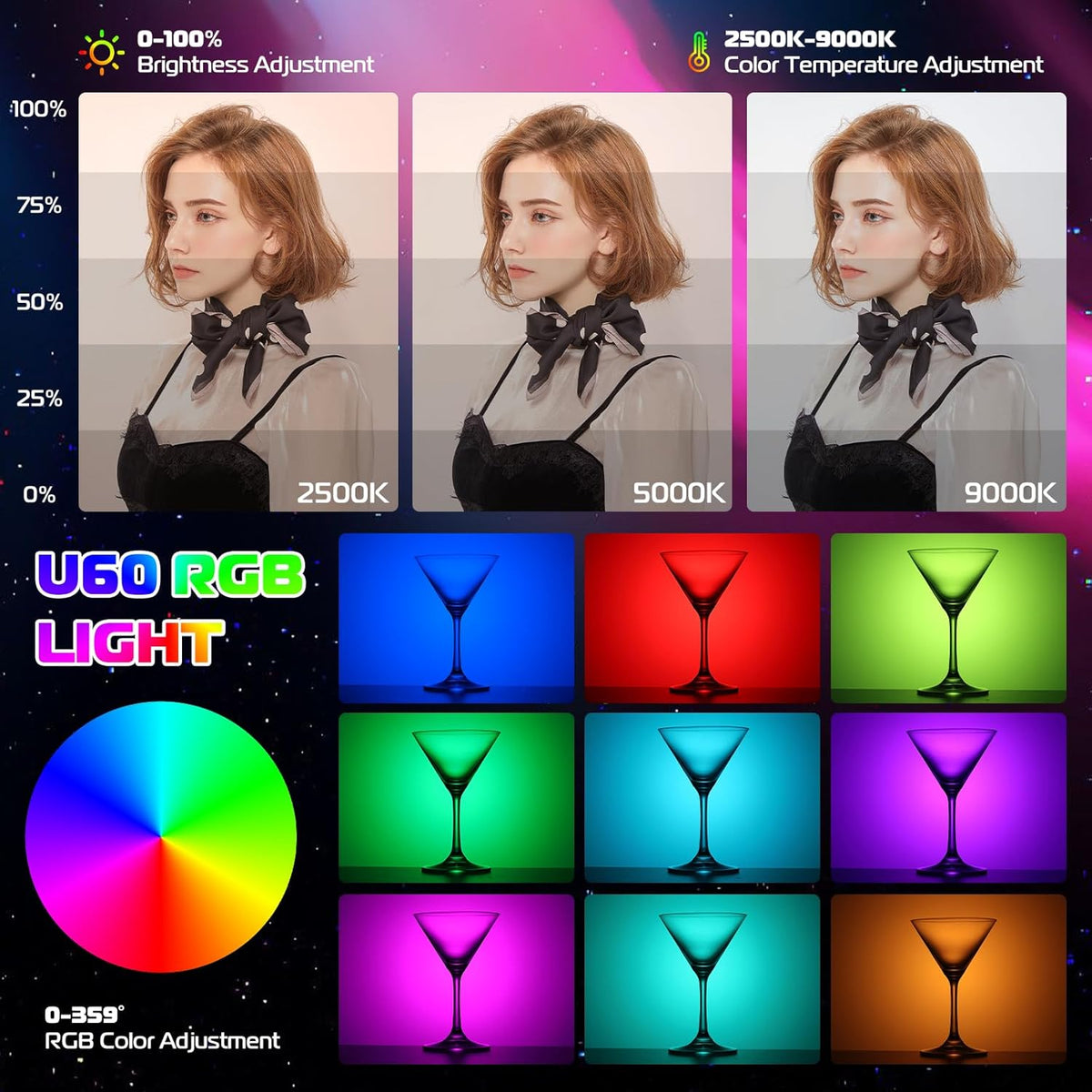 ULANZI U60 RGB Video Lights Black LED Camera Light 360° Full Color Portable Photography Lighting w Quick Release Cold Shoe Adapter and Clip, 2500mAh Rechargeable CRI 95+ 2500-9000K Dimmable Panel Lamp