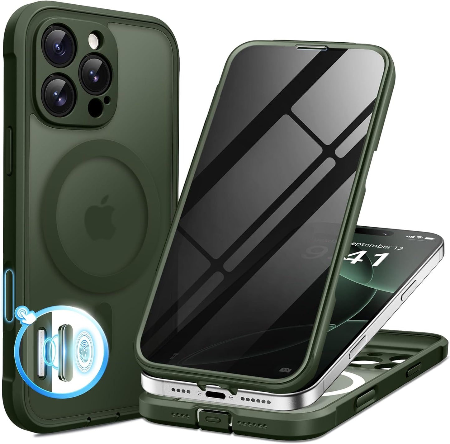 BERFY Magnetic for iPhone 16 Pro Max Case, Compatible with MagSafe, Built-in Privacy Screen Protector and Upgraded Camera Protection, Anti-Spy Full Body Shockproof Phone Case for 16 Pro Max 6.9",Green