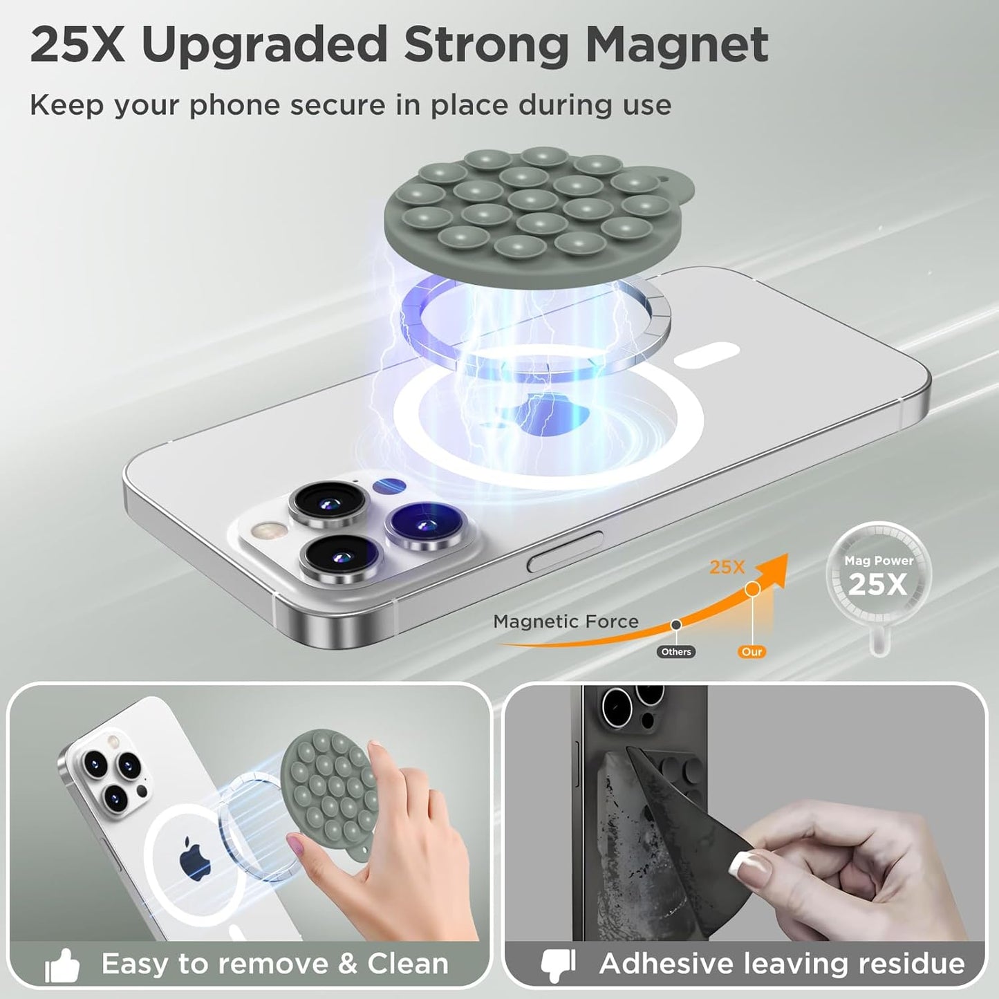 Magnetic Suction Cup Phone Mount for MagSafe Case, Silicone Hands-Free Phone Grip Holder for iPhone and Android, Mirror Shower Phone Stand for Makeup FaceTime Gym Kitchen Bathroom, Calke Green