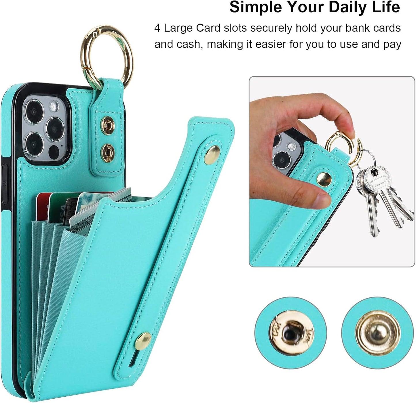 Folosu for iPhone 12/12 Pro Wallet Case with Card Holder, Hand Wrist Strap Loop Holder Kickstand, RFID Blocking Finger Grip Ring PU Leather Double Buttons Shockproof Cover 6.1" Green
