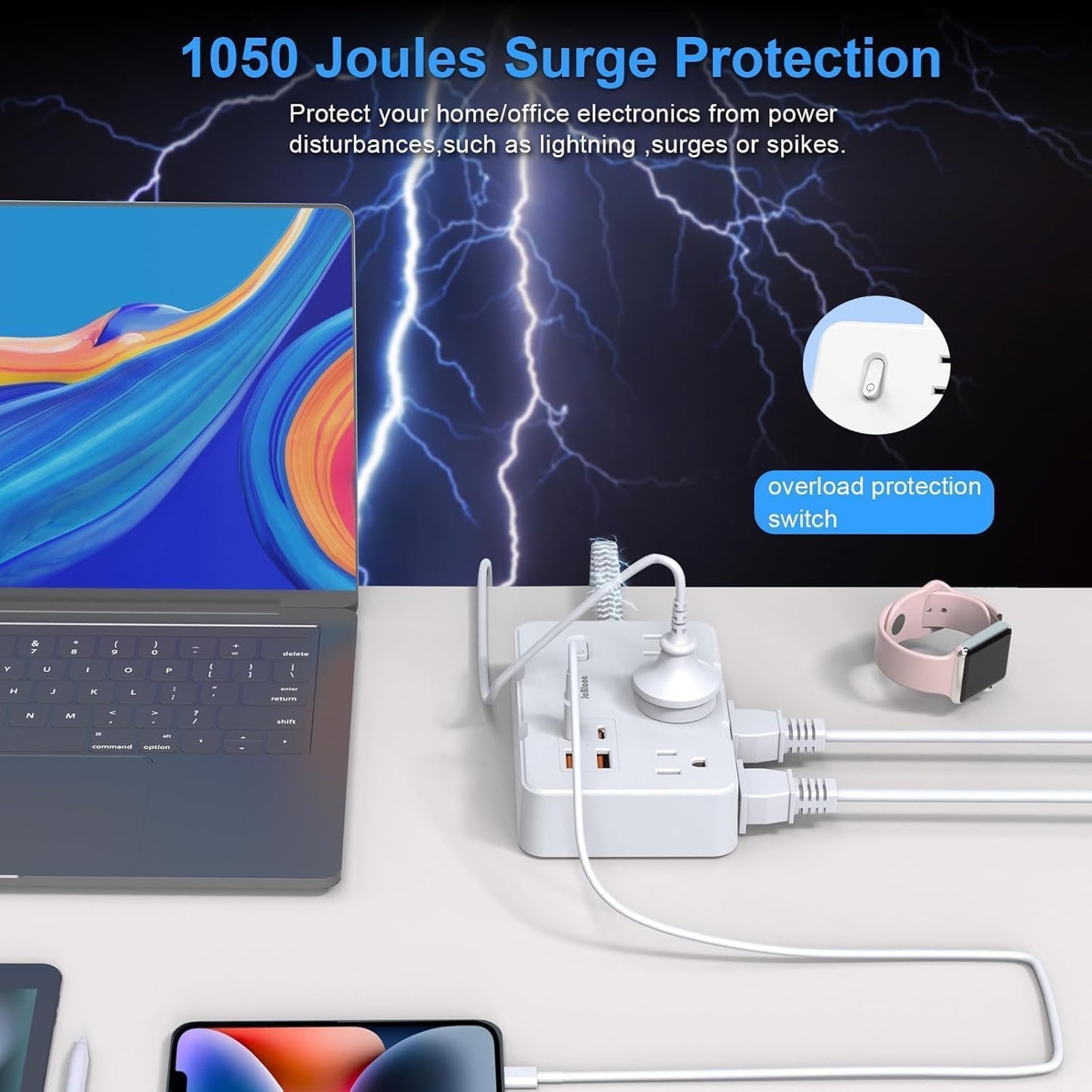Surge Protector Power Strip 5 Ft Cord, Ultra Thin Flat Extension Cord with 6 Outlets 4 USB Ports(2 USB C), Flat Plug Power Strip, Braided Power Cord for College Dorm Room Essentials