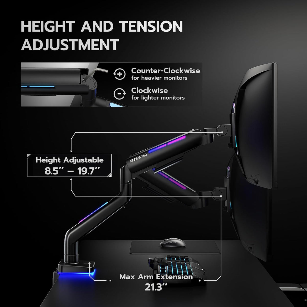 Ultrawide Monitor arm for 17-49'' Heavy Duty Screen up to 44lbs, Gas Spring Single Monitor Arm with RGB Light, Adjustable Gaming Computer Monitor Arm for Desk, Black