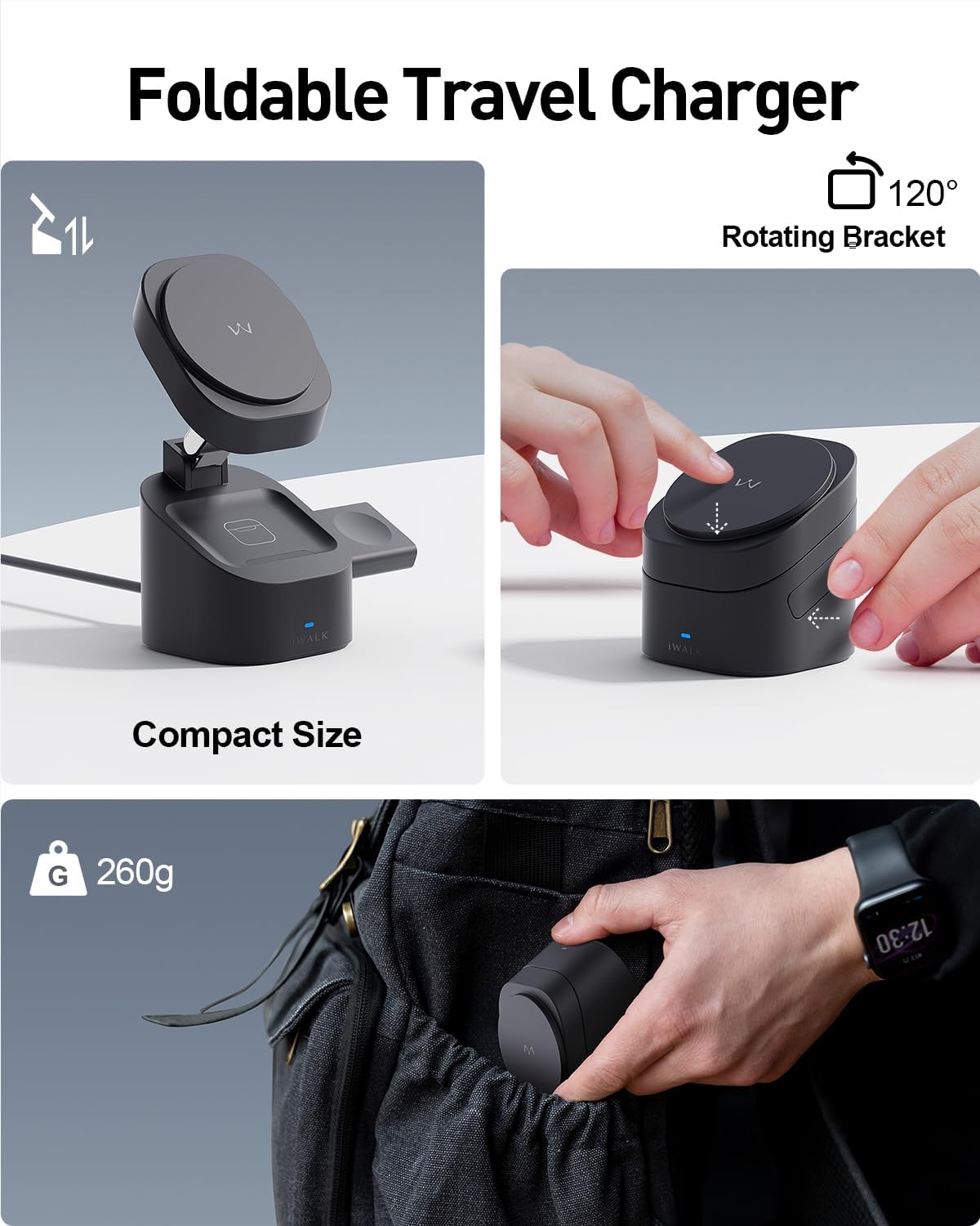iWALK 3-in-1 Magnetic Wireless Charging Stand, 15W Foldable Charger Station for iPhone 16/15/14/13/12, Apple Watch & AirPods, Adjustable Dock with 20W USB-C Adapter
