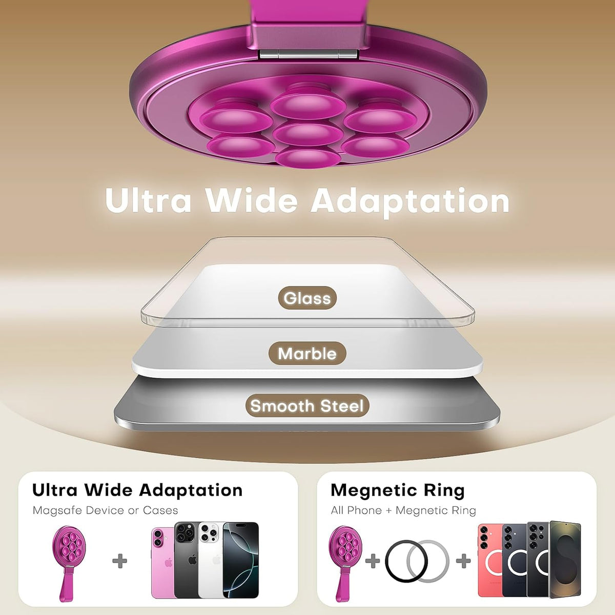 TAURI for Magsafe Suction Phone Grip,Universal Magnetic Suction Grip, 360 Rotating Hands-Free Holder, Silicone Suction Phone Grip Compatible with iPhone 16 Pro Max/15/Android/S25, Hot Pink
