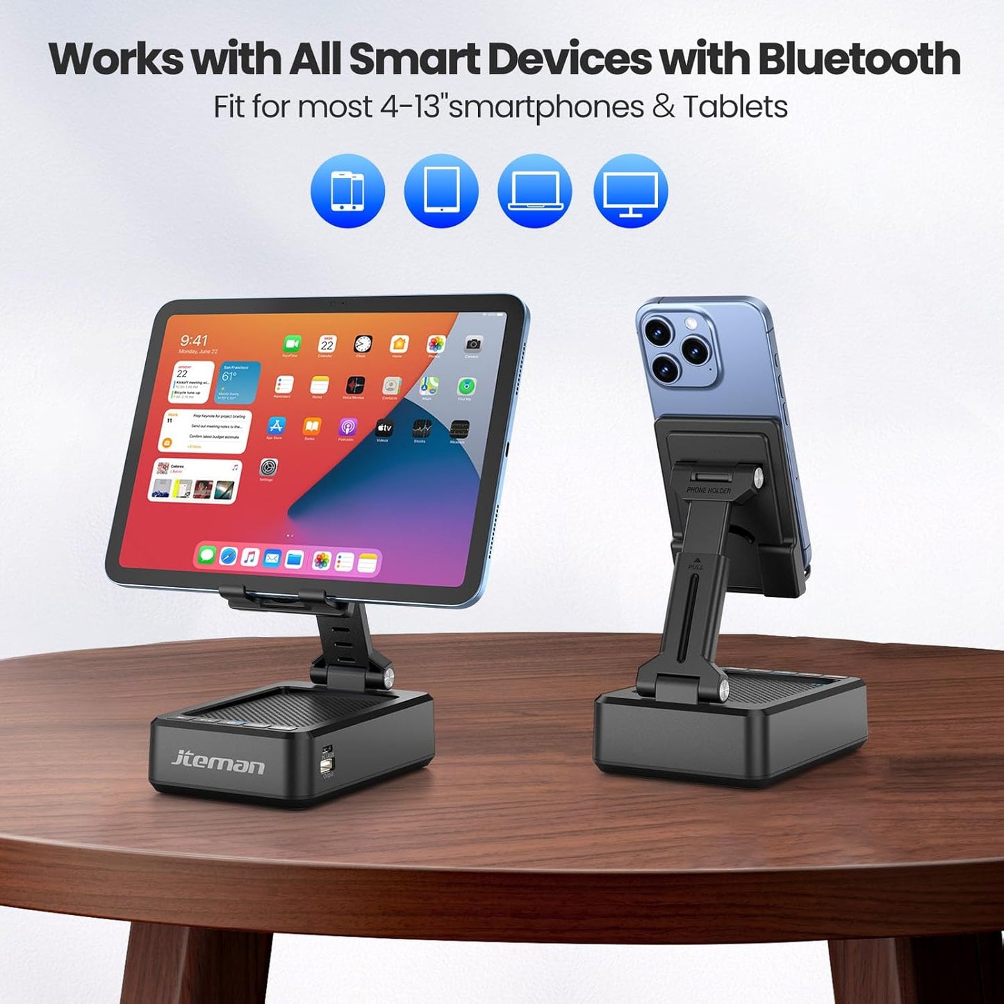 JTEMAN Cell Phone Stand with Bluetooth Speaker and Charging Function,Bluetooth Audio Power Bank Bracket,Birthday Gifts for Men Women,Kitchen Gadgets for Most Phones and Tablets-Black