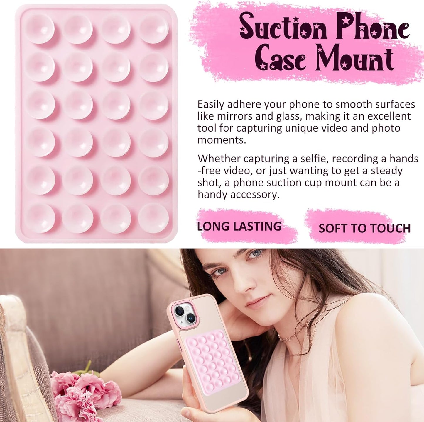 Silicone Suction Phone Case Mount, Non Slip Sticky Phone Grip for Cellphone, Silicon Adhesive Suction Cup Phone Mount, Strong Grip Holder for Selfies and Videos (Rose)