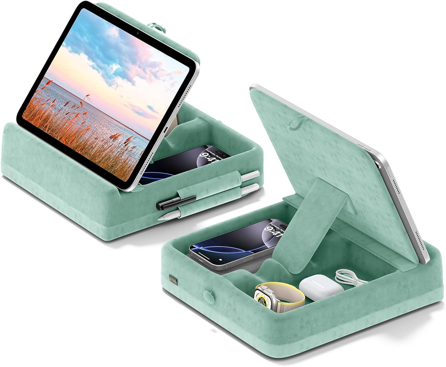 KDD Tablet Pillow Stand with Storage, Foldable iPad Holder for Bed, Lap and Desk, Angle Adjustable Soft Pad Dock with Stylus Mount Compatible with iPad Pro 12.9, 11, Air, Mini, Phones, Books (Green)