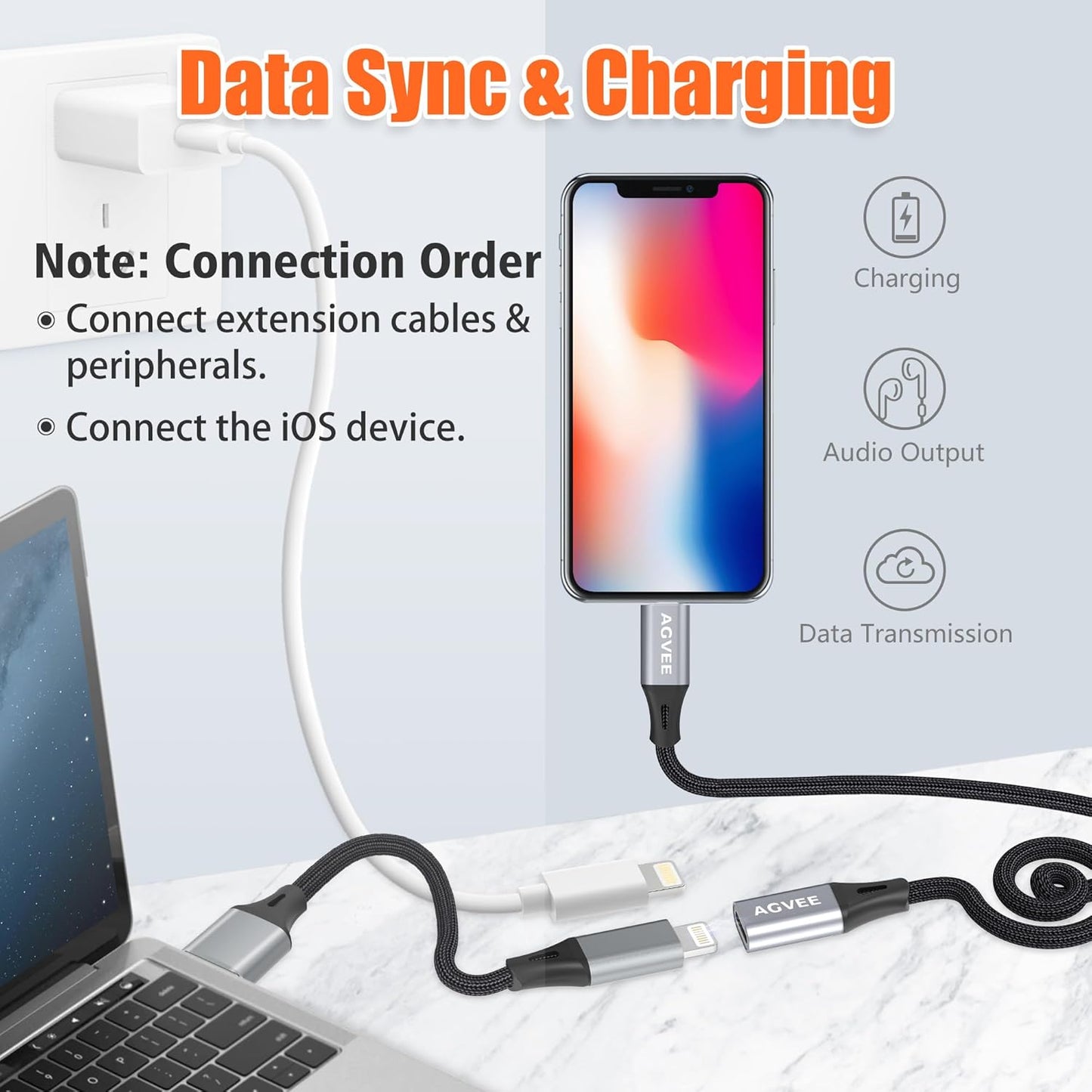 AGVEE 1ft Lightning Extension Cable, Braided Female to Male Extender Full Function Cord Compatible with iPhone iPad, Data Sync Video Audio & Charging Connector Adapter, Dark Gray