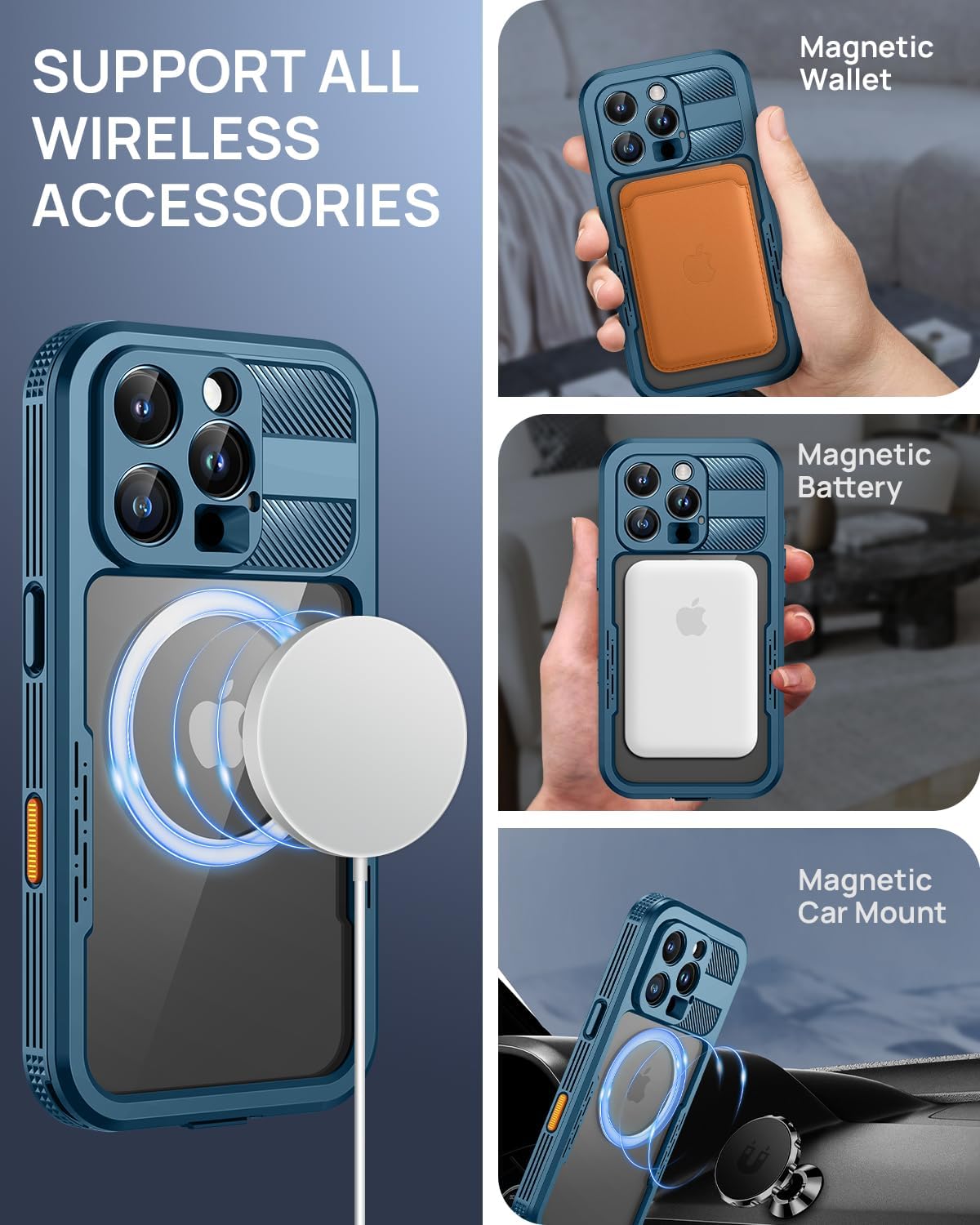 Lanhiem Magnetic for iPhone 16 Pro Max Case, IP68 Waterproof Dustproof Case, [Compatible with Magsafe] [Built-in Screen Protector] Full Body Heavy Duty Rugged Phone Cover 6.9 inch, Blue/Clear
