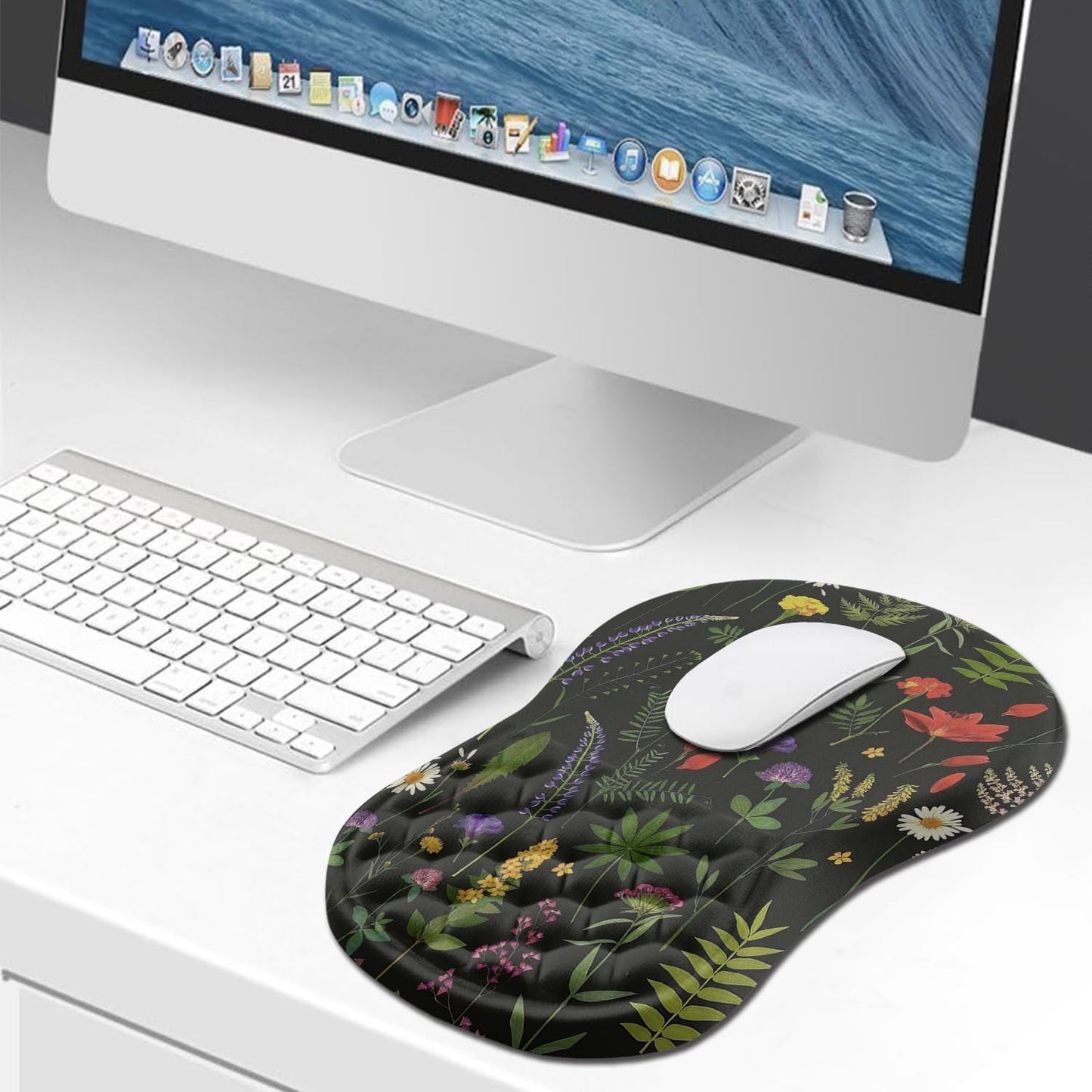 Hokafenle Ergonomic Mouse Pad Wrist Support, Wrist Rest Mousepad for Carpal Tunnel Pain Relief with Integrated Memory Foam Slope Massage Bulge (11.8x7.9 inch,Flowers