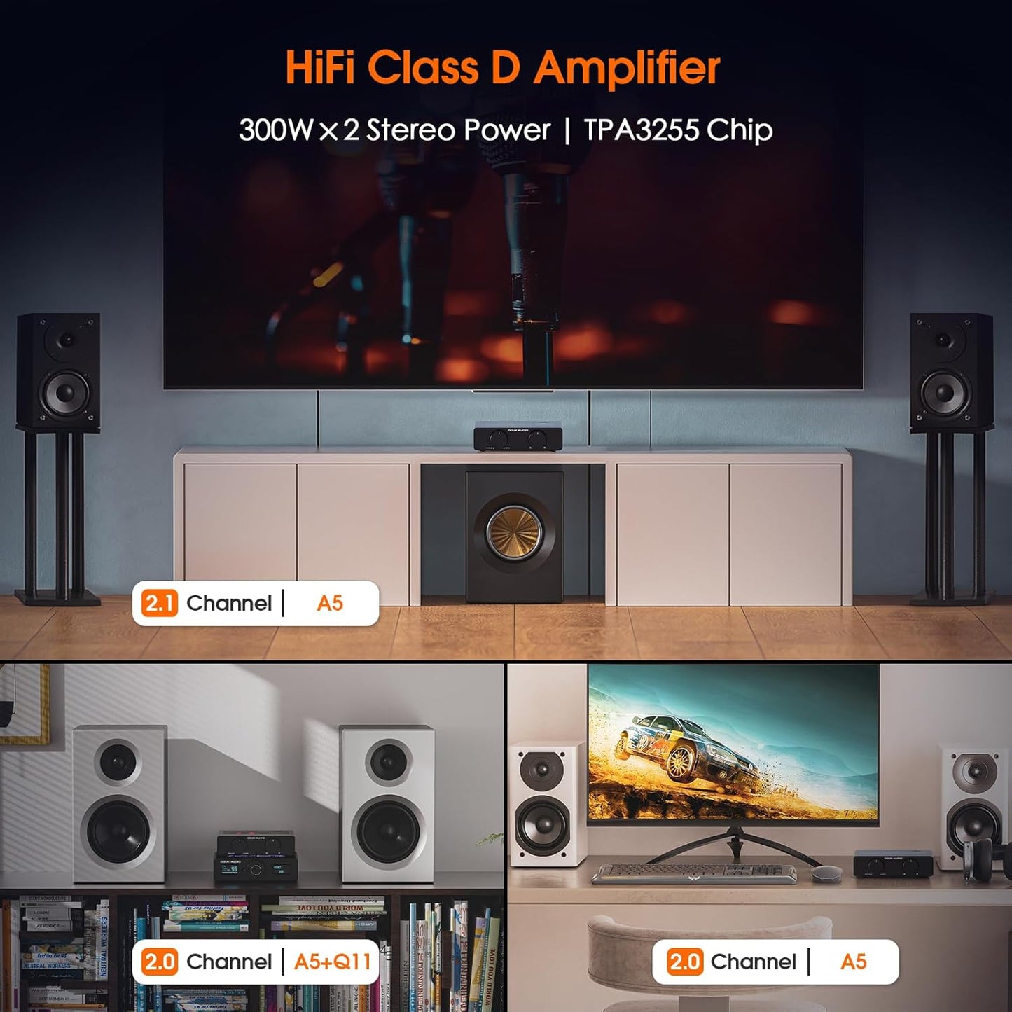 Douk Audio A5 2 Channel TPA3255 Stereo Amp, 300 Watts x2 Mini Hi-Fi Audio Power Amplifier Class D for Home Theater System, Passive Bookshelf Tower Speakers with High-Pass Filter + 32V Power Supply
