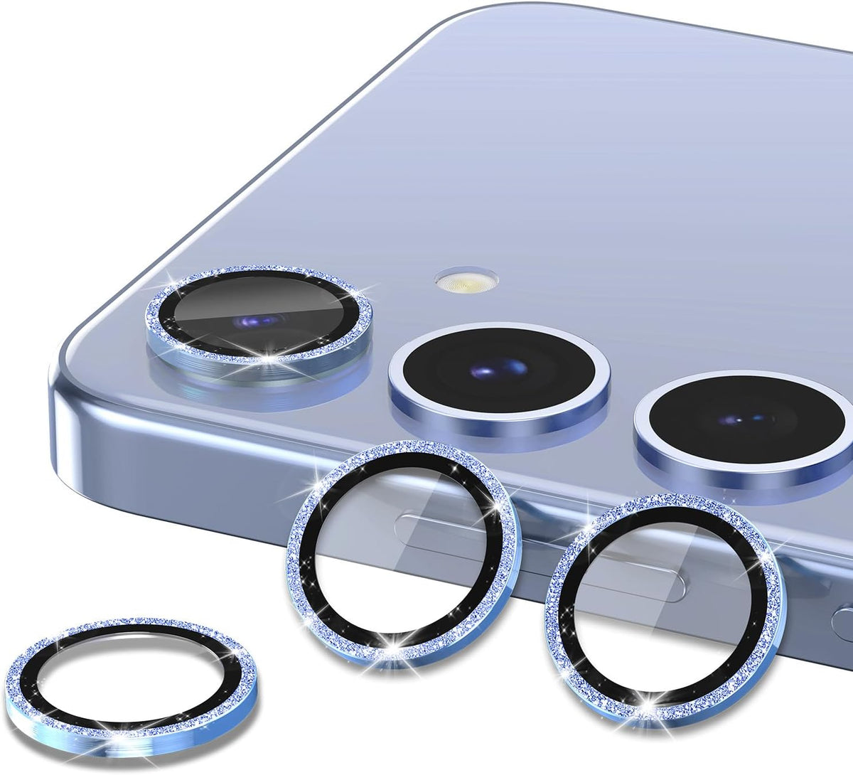 for Samsung Galaxy S25 Camera Lens Protector, Individual Metal Ring Tempered Glass Lens Cover, [Strong Adsorption] Scratch Resistant Ultra-Thin HD Clear Lens Cover, 1 Set-Blue Sparkly