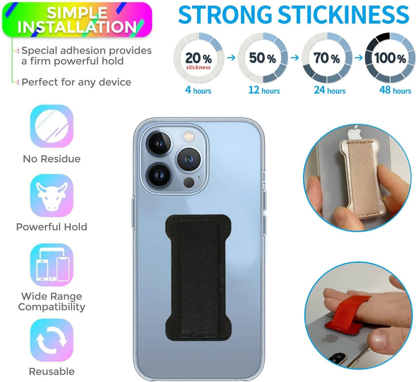 Phone Grip Holder for Hand, Universal Finger Strap Phone Holder, Finger Selfie Grip Compatible with Most Smartphones - 3Pack(Black)