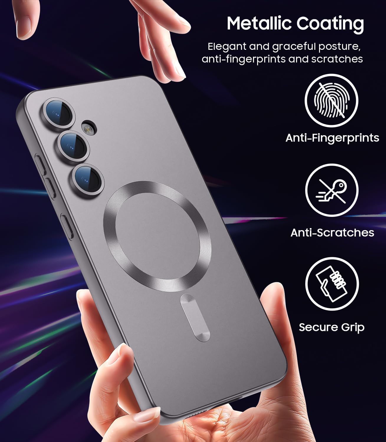 Magnetic for Samsung Galaxy S24 Case [Compatible with MagSafe][Built-in Camera Lens Protector] Slim Soft Silicone Bumper Shockproof Metallic Luster Phone Case (Gray)