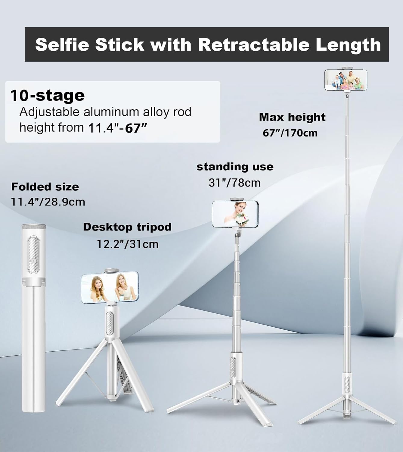 TONEOF 68" Travel Tripod,Selfie Stick,All-in-1 Phone Stand with Integrated Wireless Remote,Lightweight and Portable,Extendable for iPhone and Android(White)