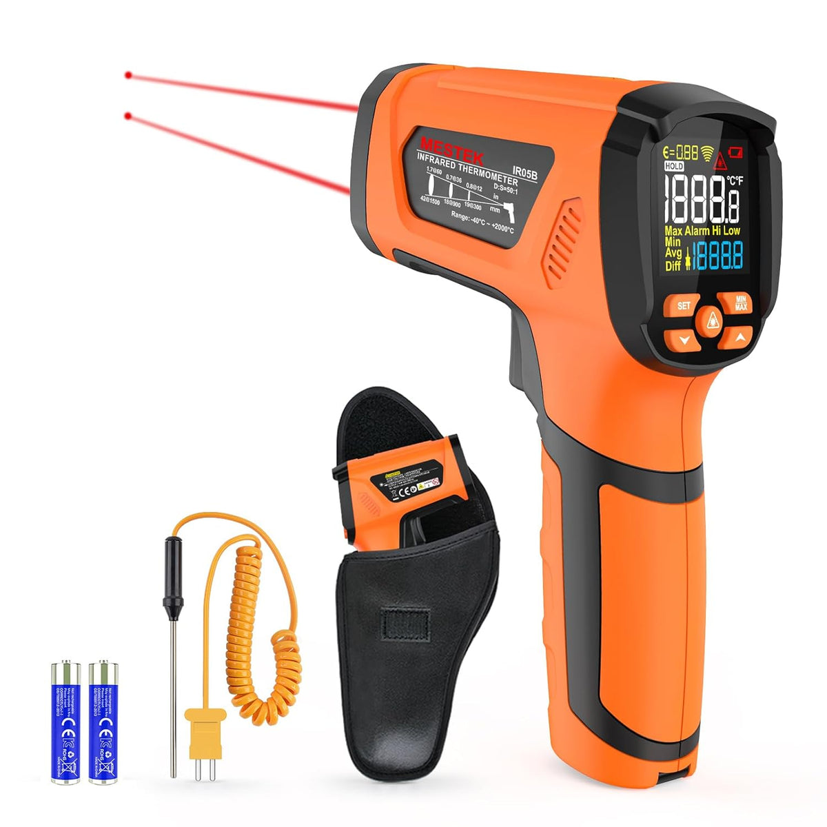 -40℉~3632℉, MESTEK Infrared Thermometer Temperature Gun, High Temp Thermometer with Thermocouple Probe, Non-Contact 50:1 Pyrometer Dual Laser Thermometer Gun for Engine, Kiln, Forging, Industrial