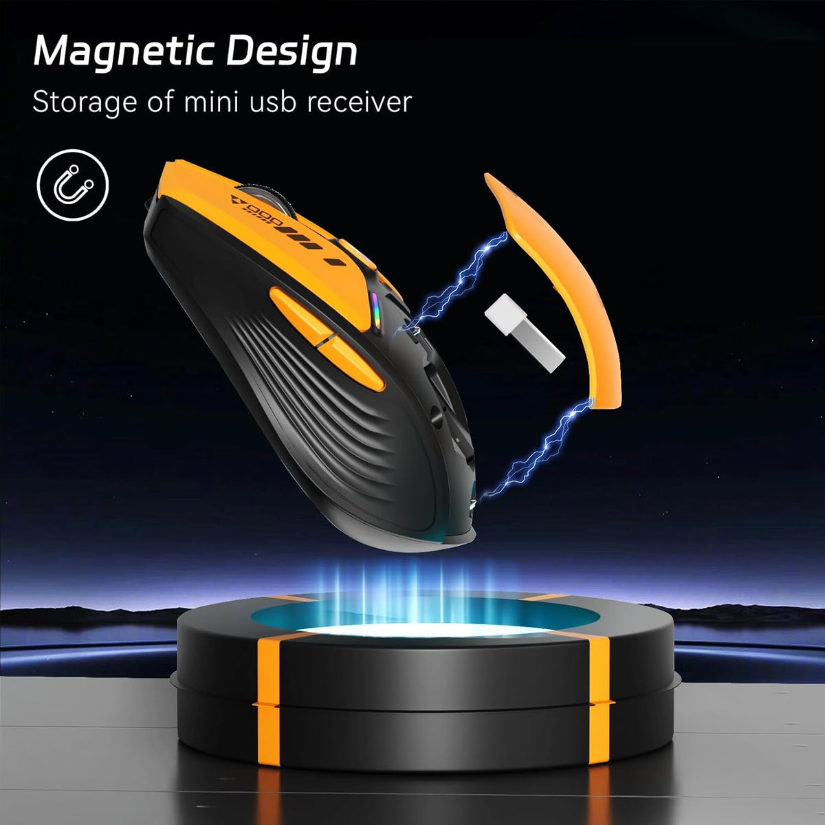 Uciefy V19 Wireless Mouse, 2.4GHz Rechargeable Mouse LED with Battery Indicator, Magnetic Computer Mice with USB Receiver & Type-C Adapter for Laptop/PC/Mac/Chromebook-Orange