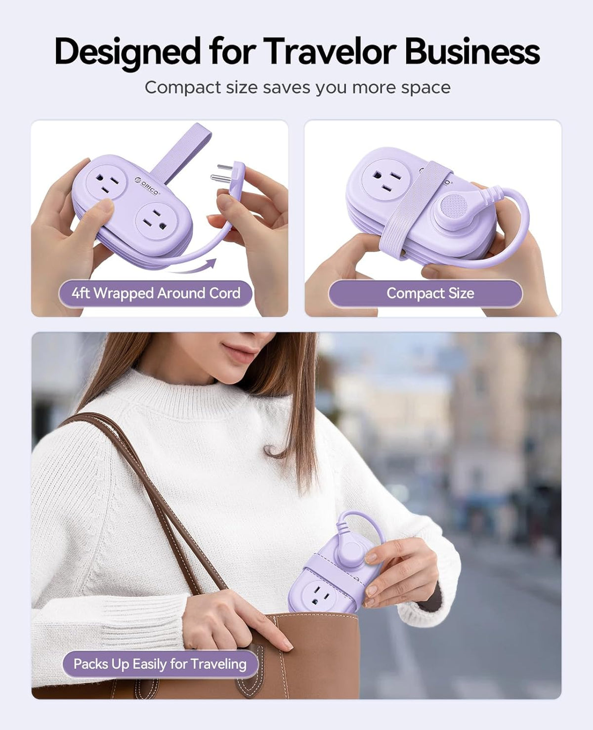 ORICO Purple Travel Power Strip PD20W with 4 AC Outlets 3 USB Ports (1 USB-C), 4FT Flat Plug Extension Cord, Compact Portable Design for Business Travel, Cruise Ship Essentials-AP3